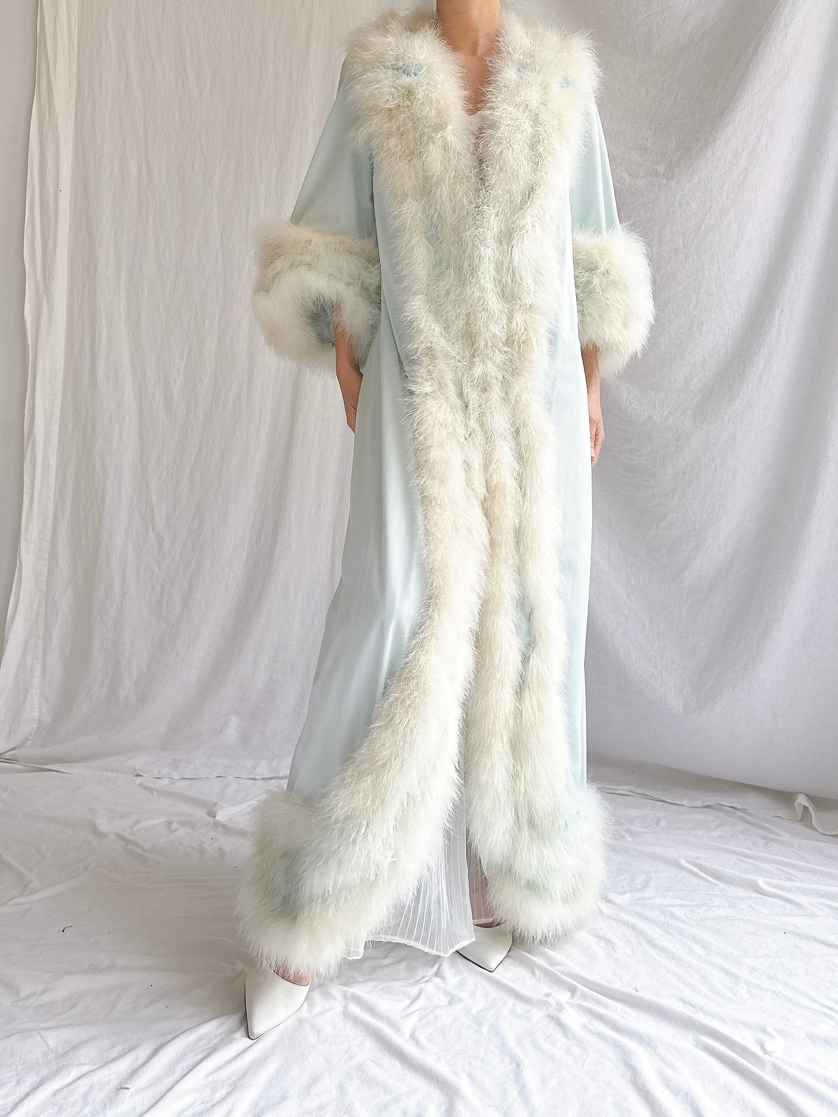 Rare 1960s Heft Baby Blue Marabou & Nylon Duster - OSFM