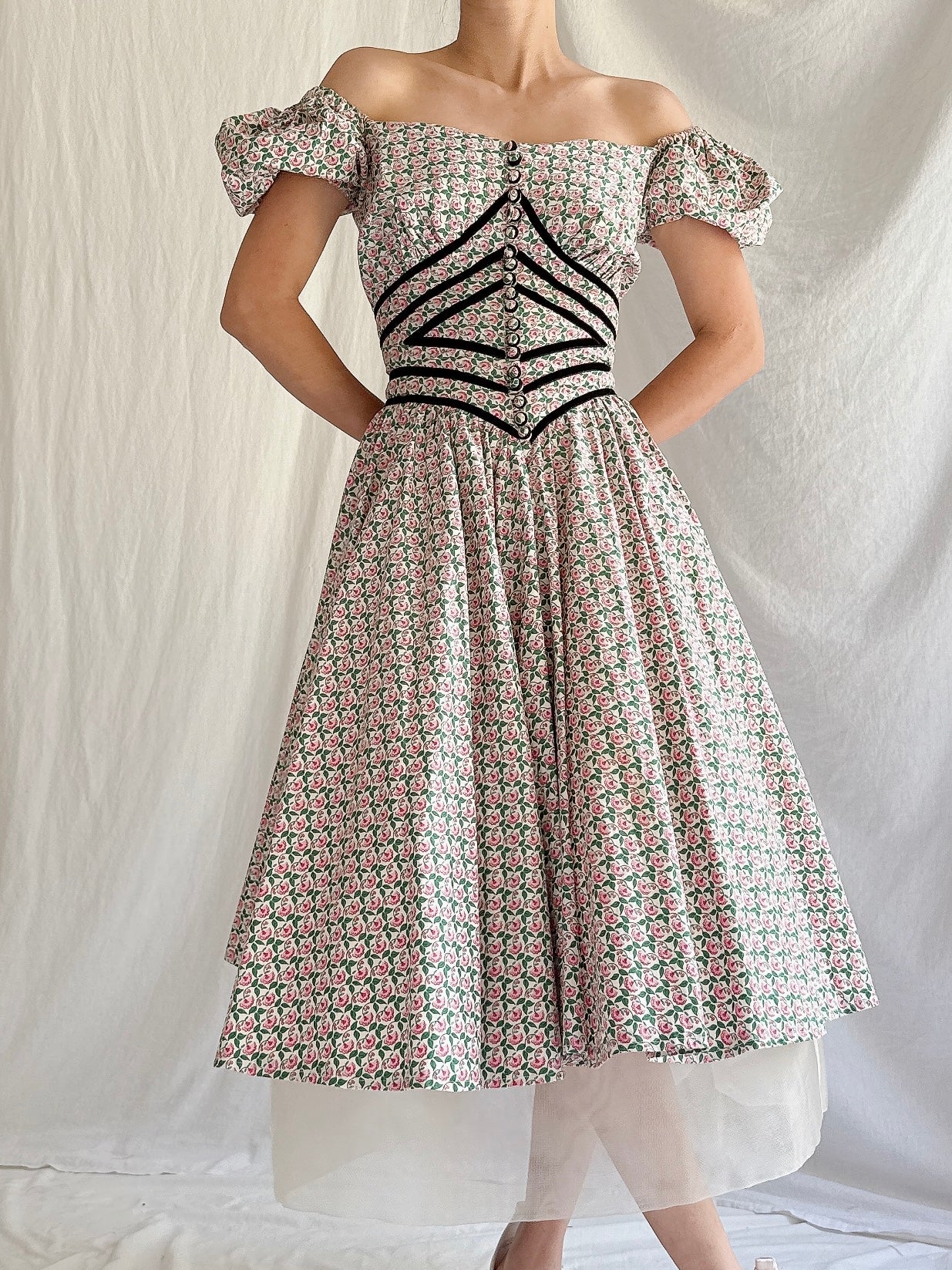 1950s Cotton Puff Sleeves Dress - XS