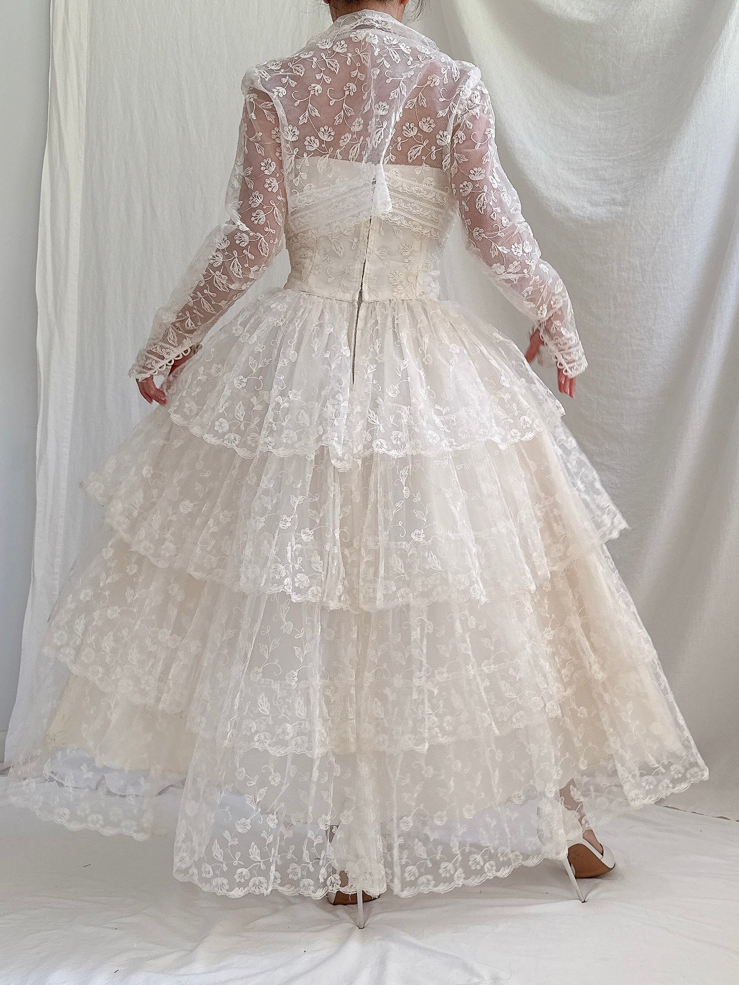 1950s Embroidered Tulle Dress -XS