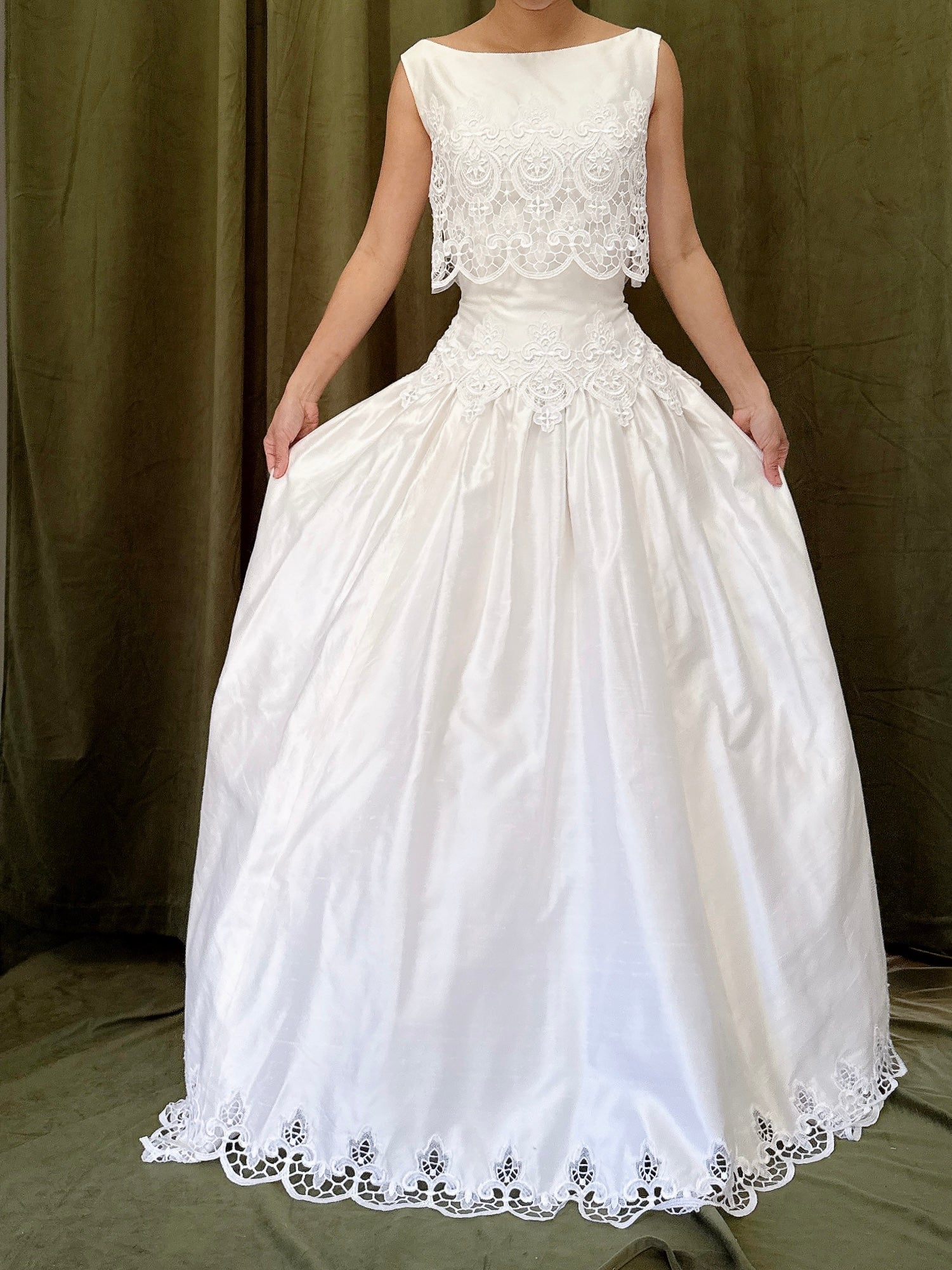 Vintage Raw Silk Embroidered Cutout Gown - S/4