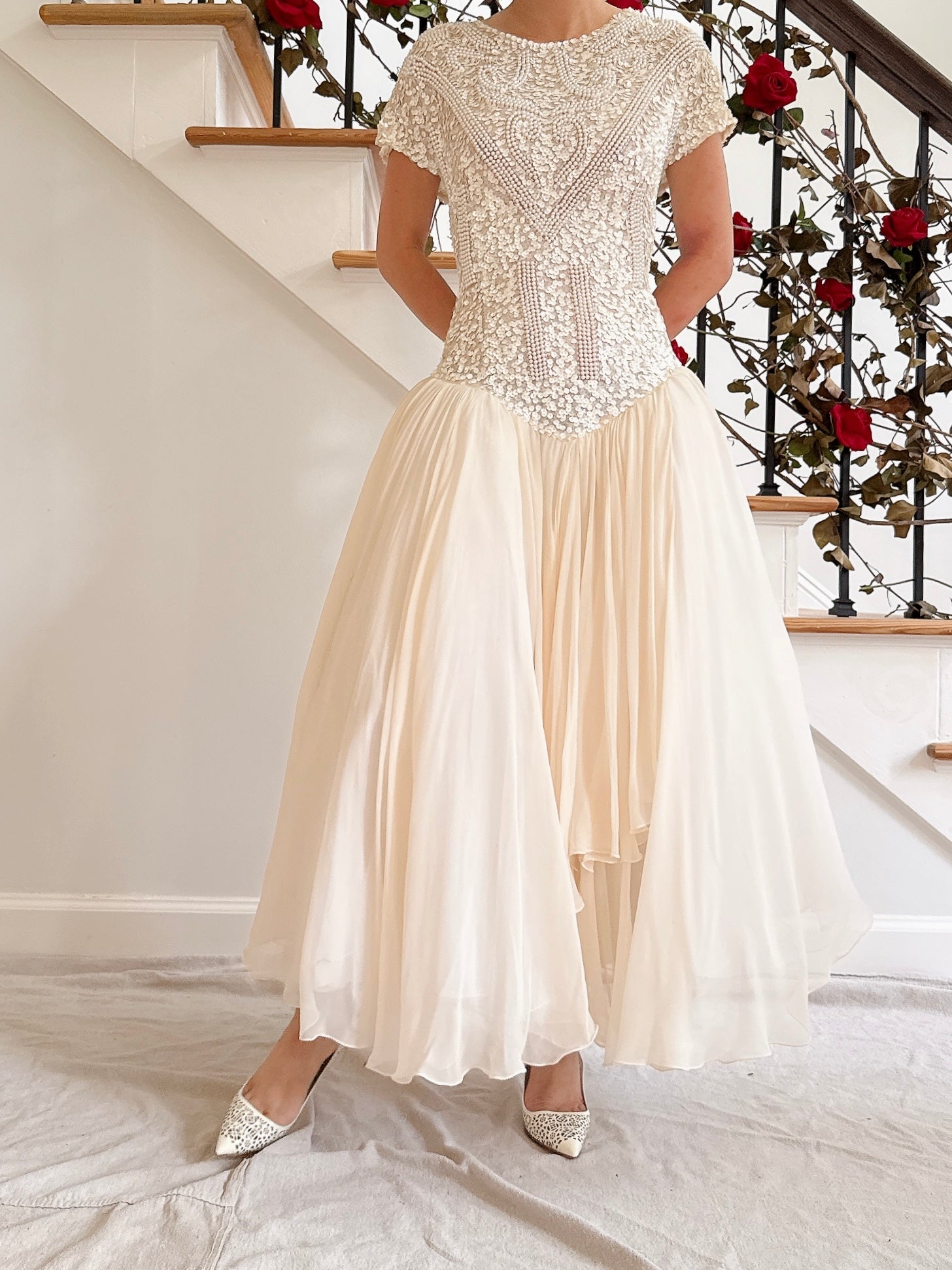 1980s Silk Chiffon Beaded Dress - 36B/30W/49L