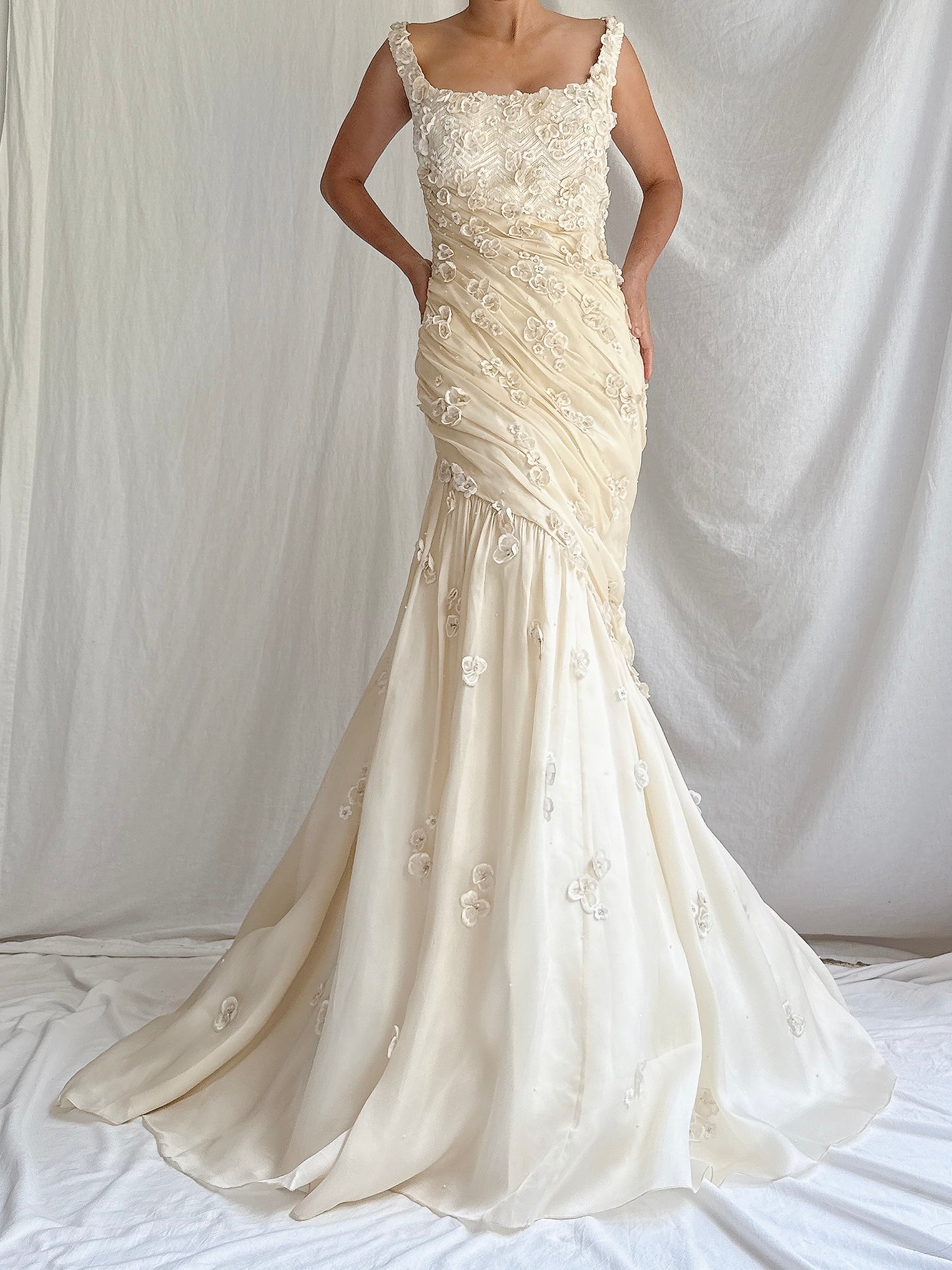 Vintage YSA Makino Silk Organza Gown with Appliqués - M