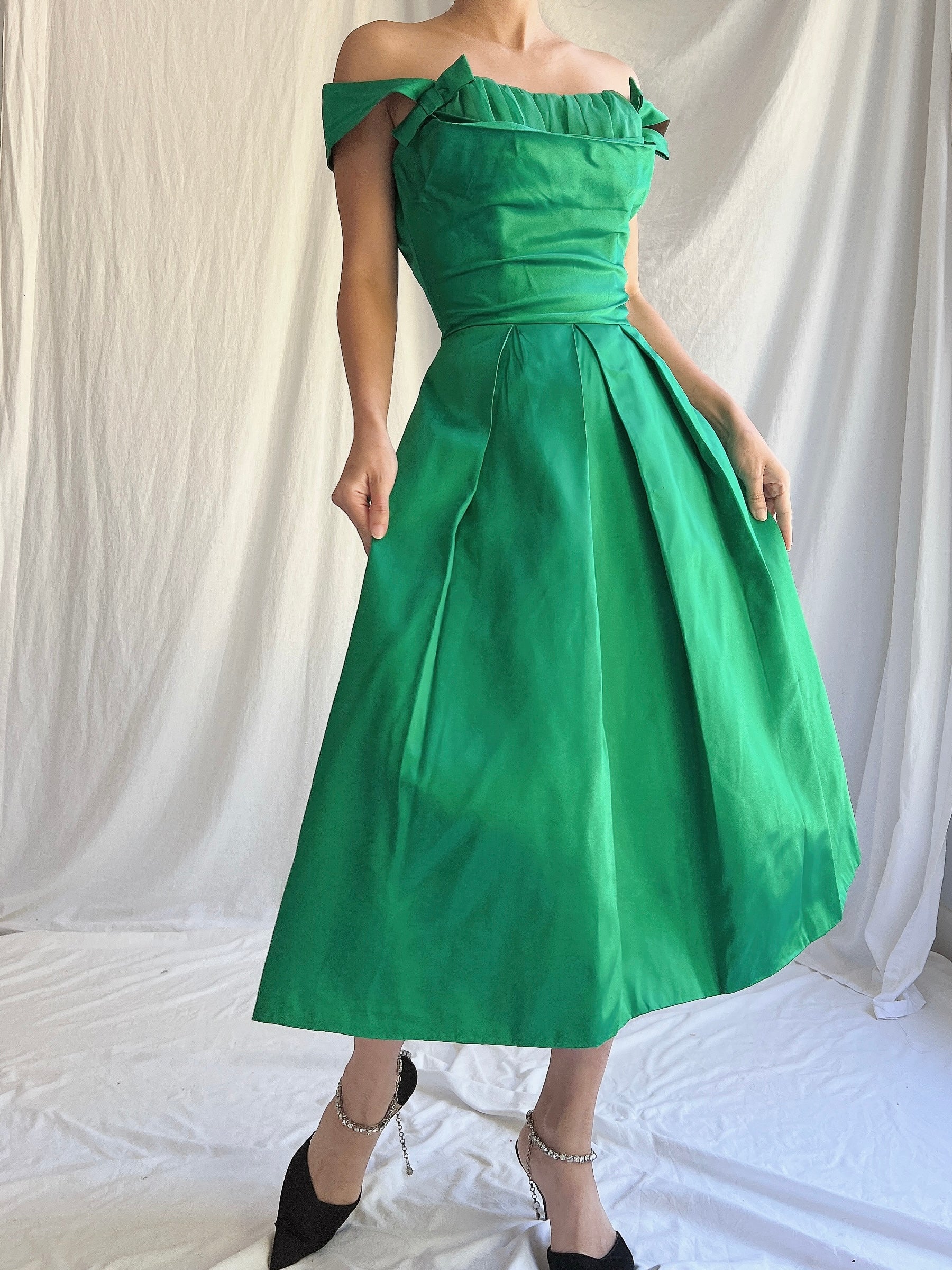 1950s Emerald Satin Dress - XS