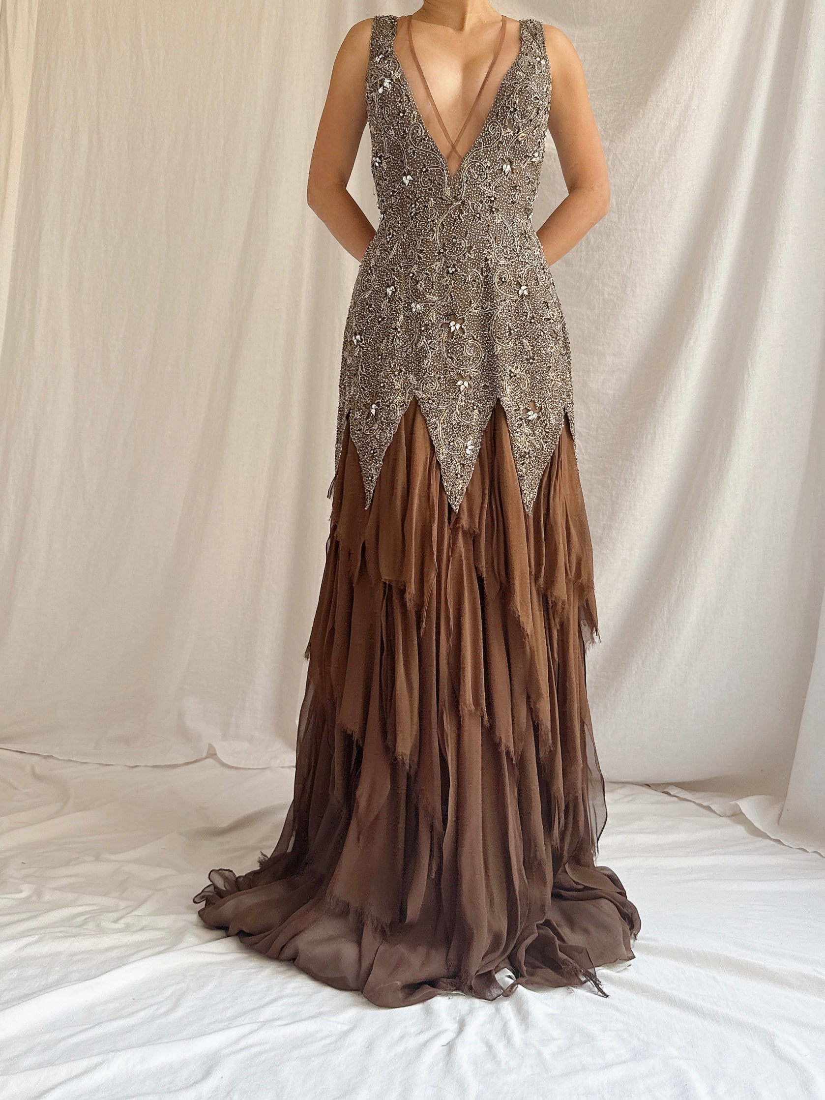 Vintage Stephen Yearrick Silk Raw Hem Beaded Gown - M/6