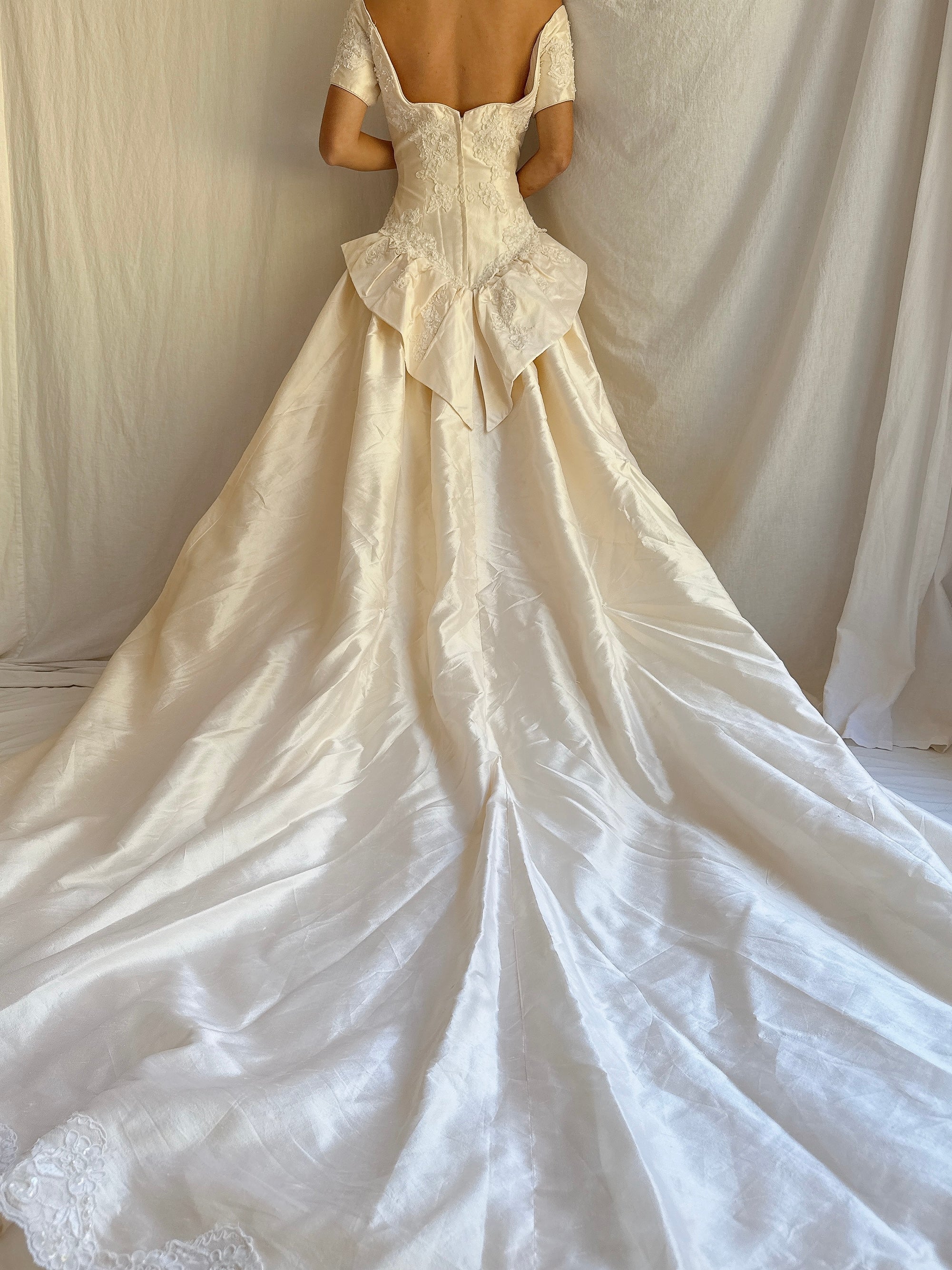 Vintage Wide Neck Lace Embellished Gown - S