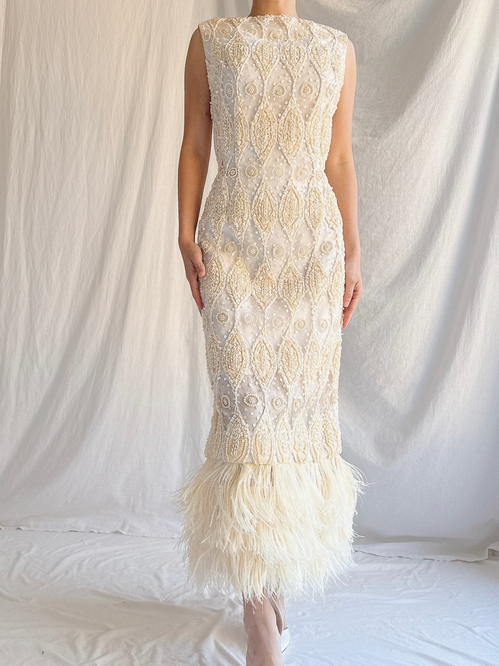 1960s Tulle Beaded Gown with Feather Embellishment - S 4-6