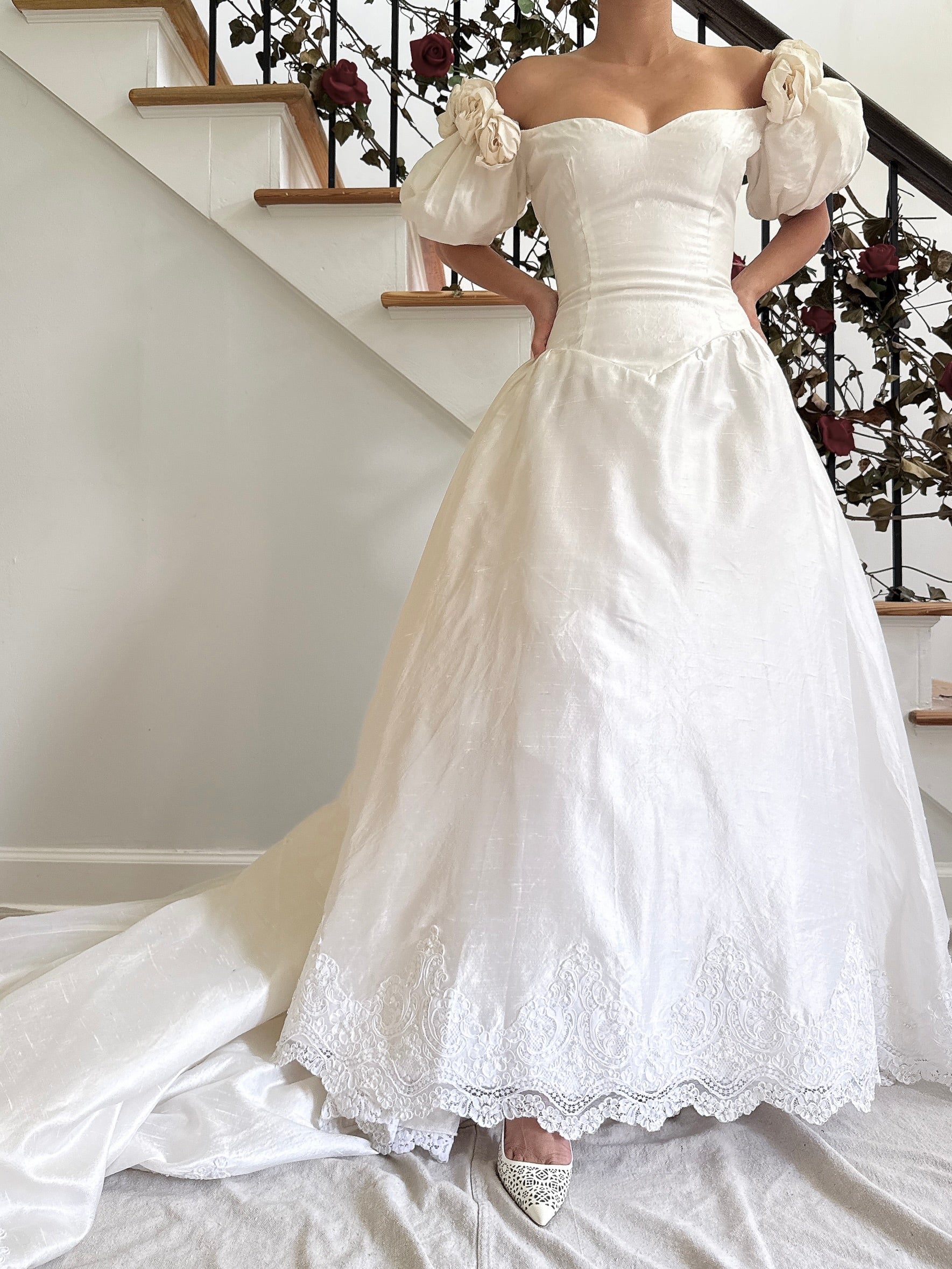 1980s Puff Sleeve Silk Rosette Dress - M