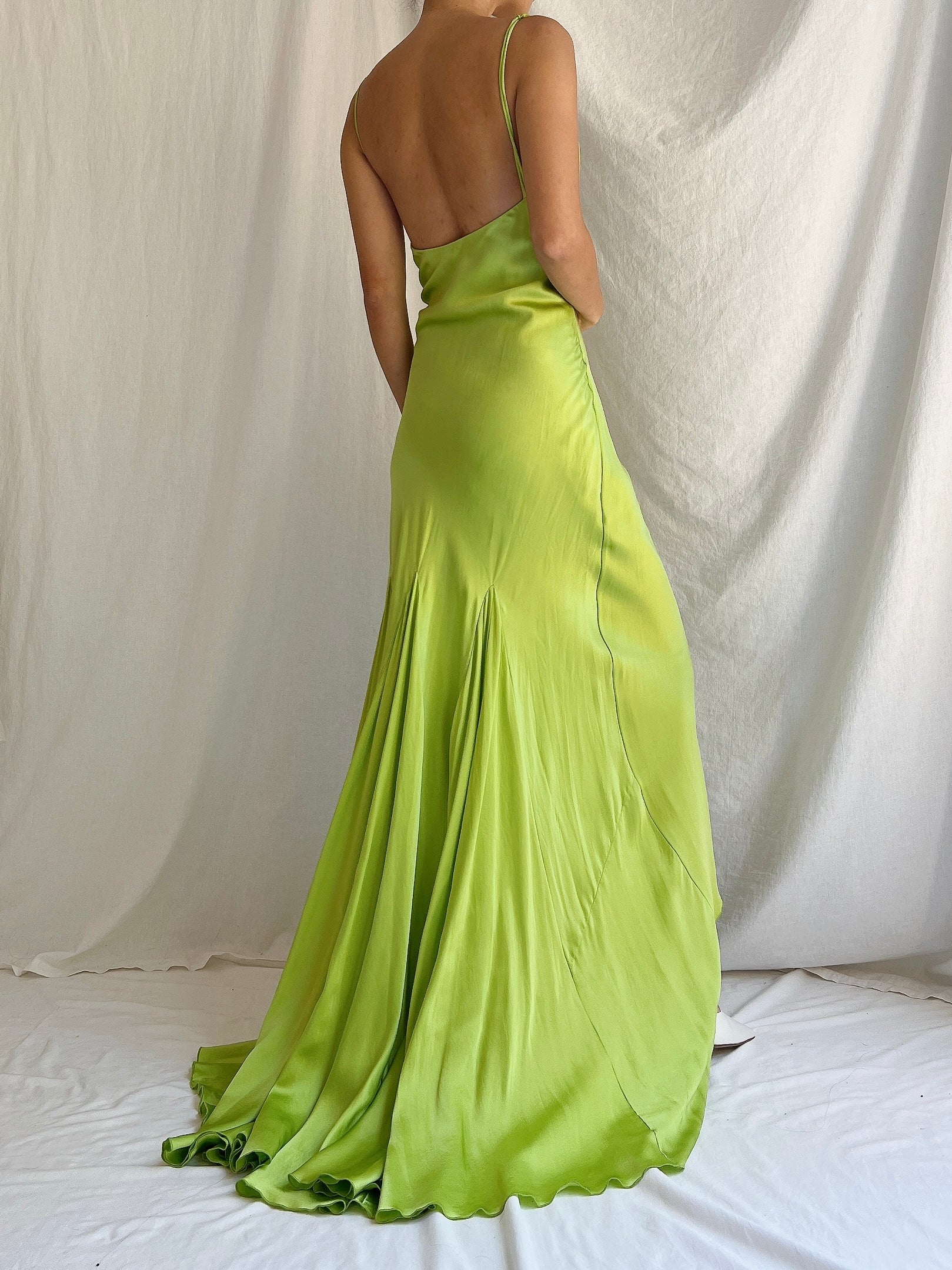 1990s Silk Chartreuse Asymmetrical Hem Gown - S