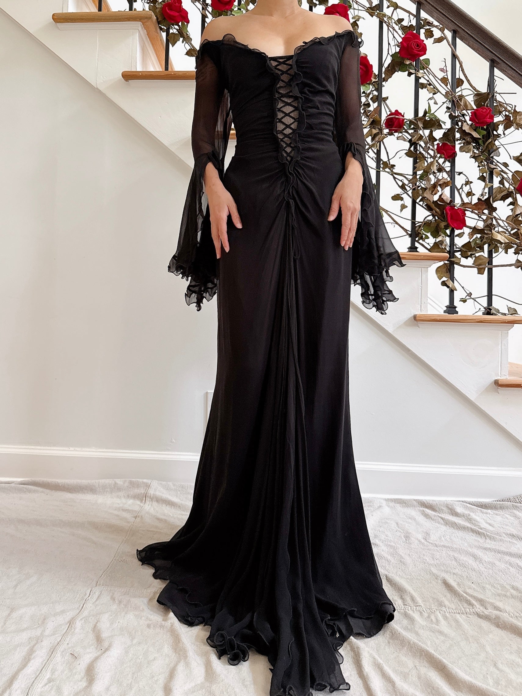 Vintage Belleville Sassoon Silk Angel Sleeve Gown - UK 16/36B/30W/42H/62L