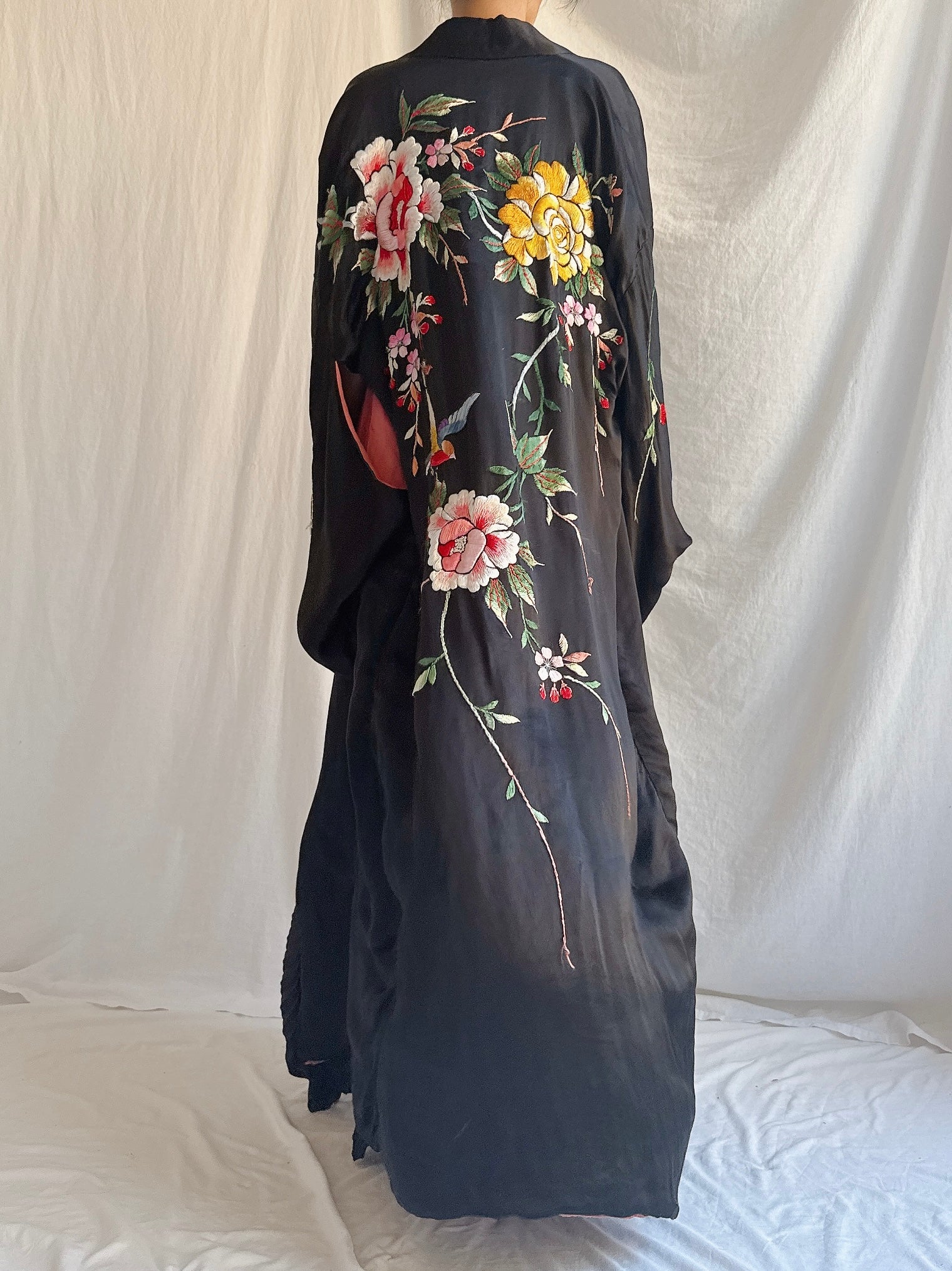 Antique Embroidered Satin Kimono - OSFM