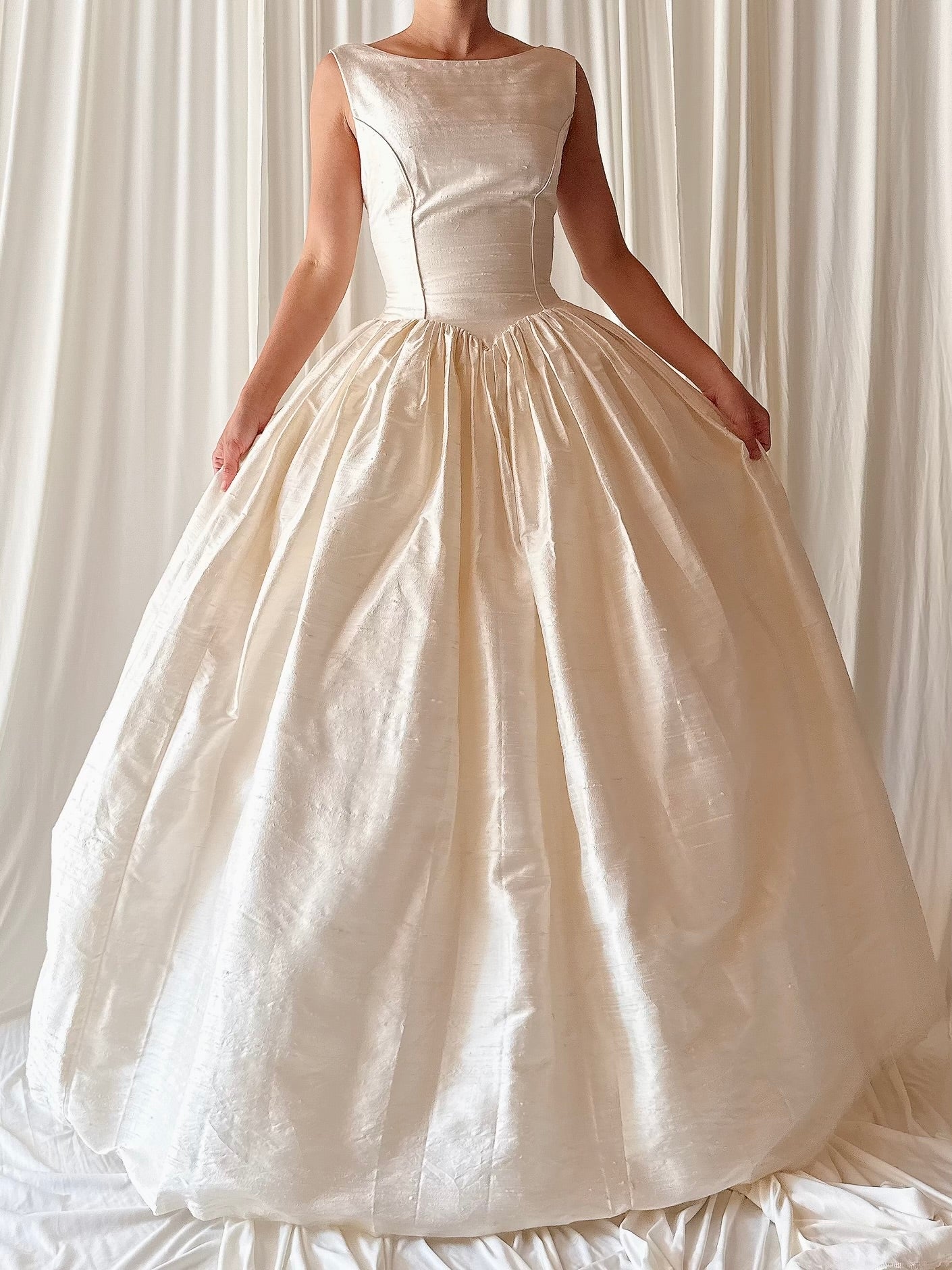 Vintage Ivory Raw Silk Boat Neck Gown - S