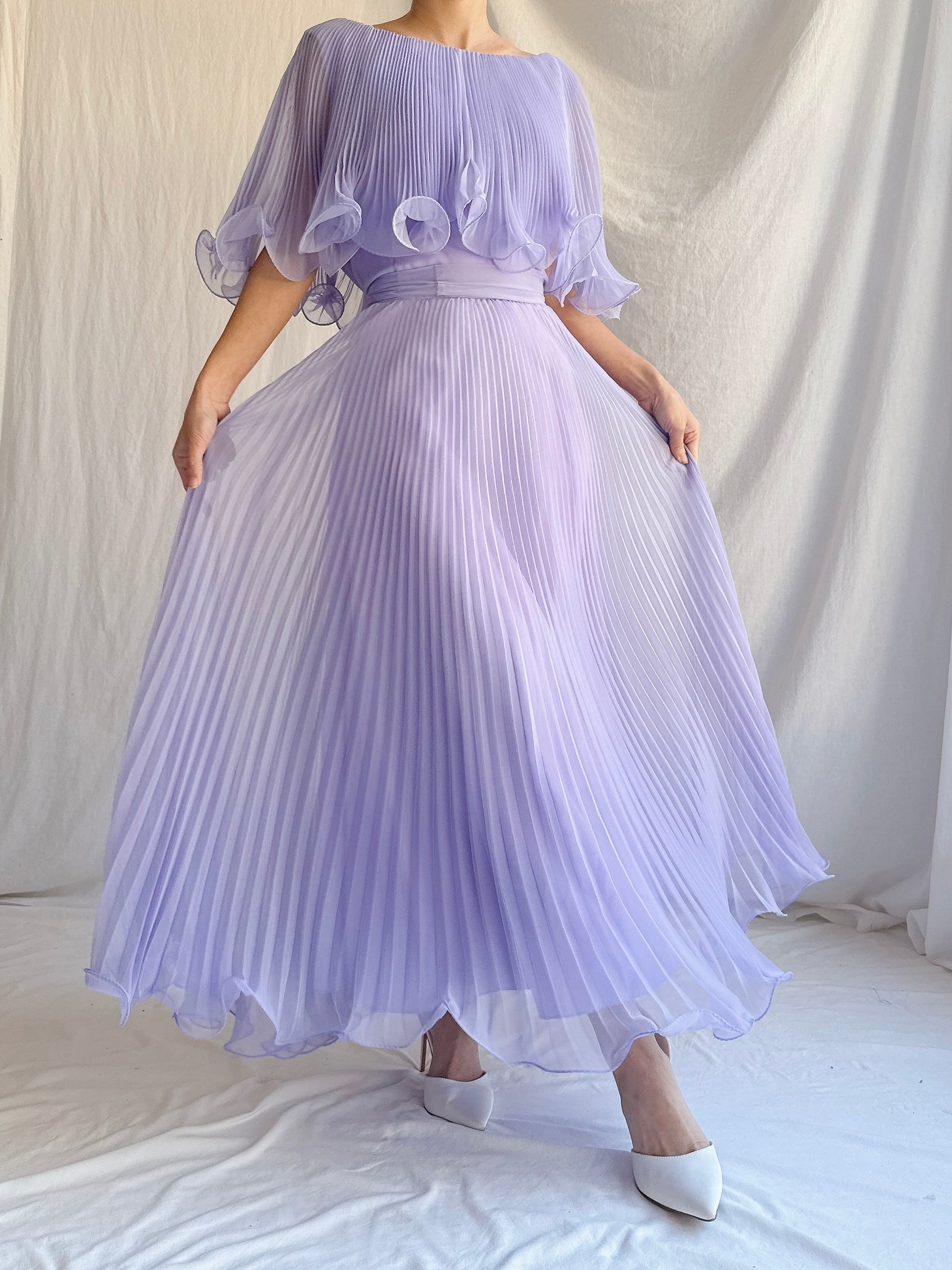 Vintage Pleated Chiffon Midi Dress - M