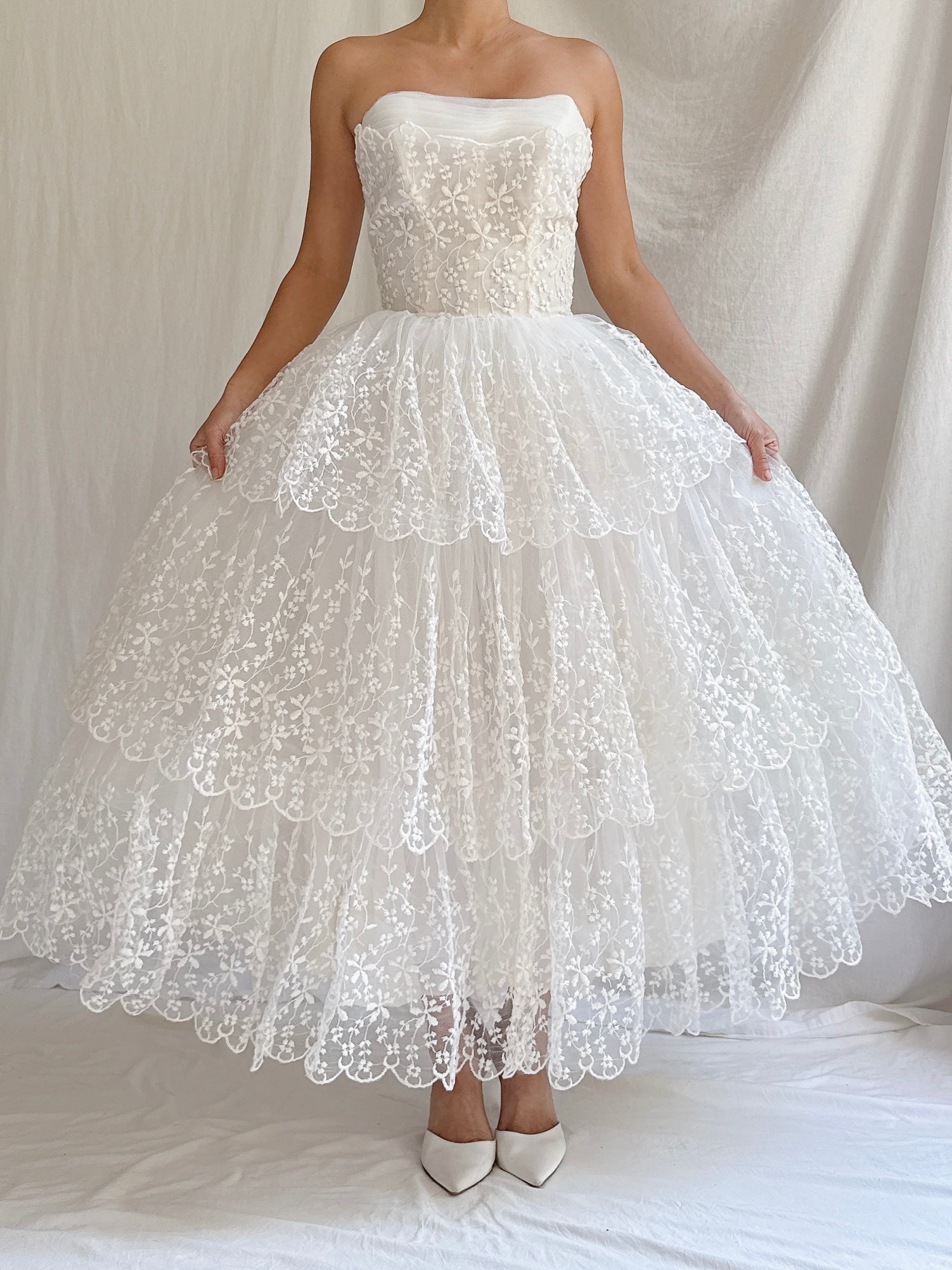1950s Tulle Embroidered Dress - XS