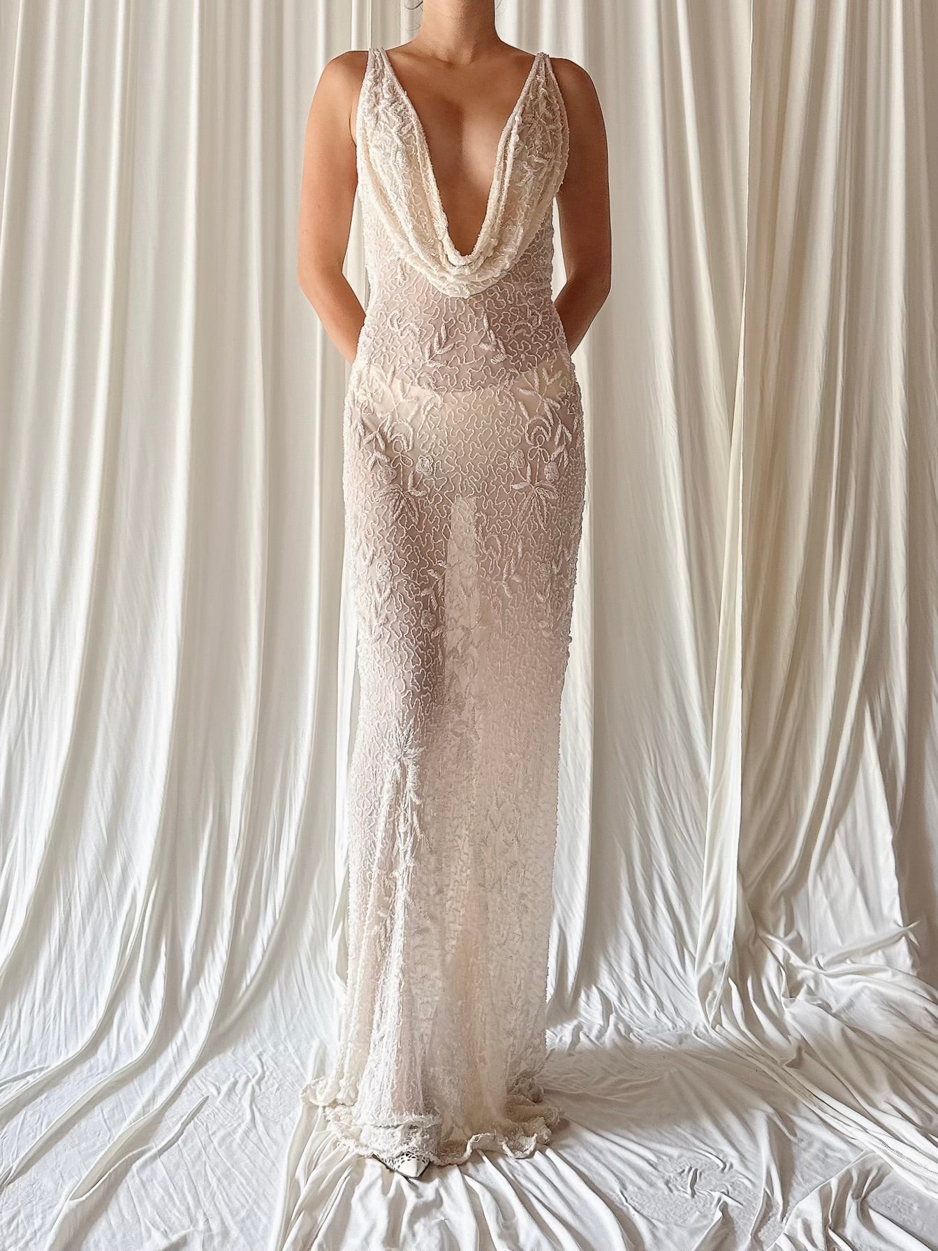 Vintage Ivory Silk beaded Reversible Gown - S-M