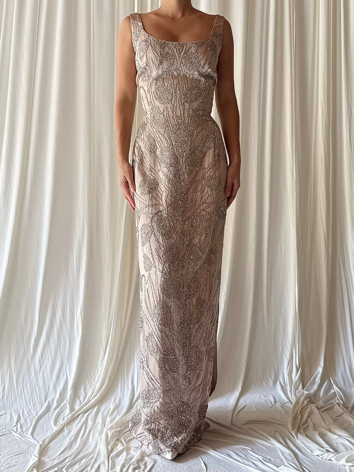 1960s Dusty Pink Silk Beaded Gown - S/M