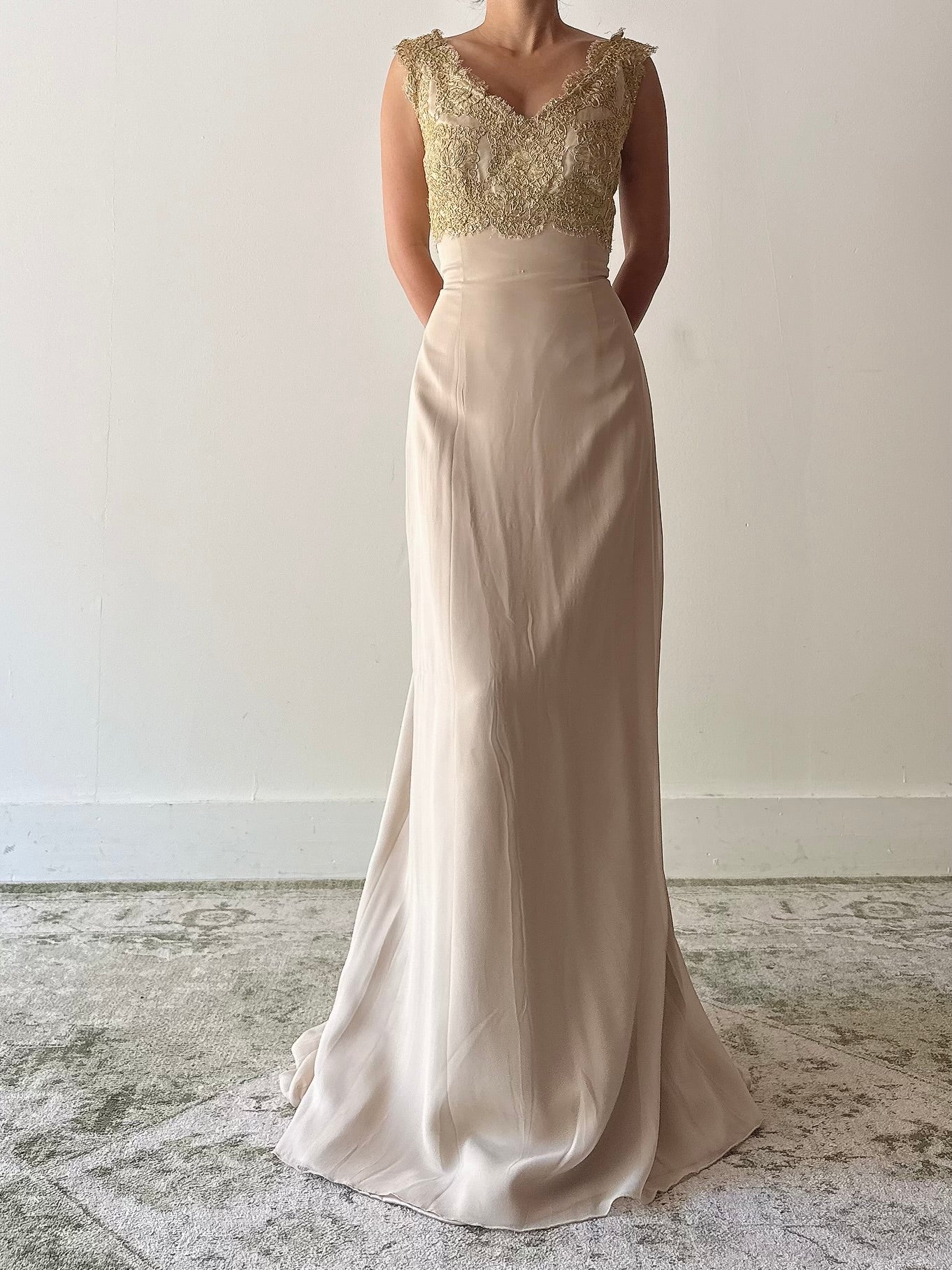 Vintage Yoly Munoz Silk Chiffon Gold Embroidered Gown - Size 8