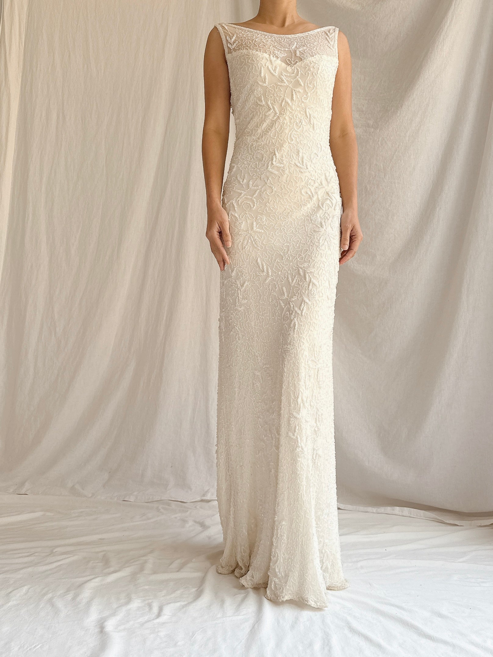 Vintage Ivory Silk Beaded Gown - S