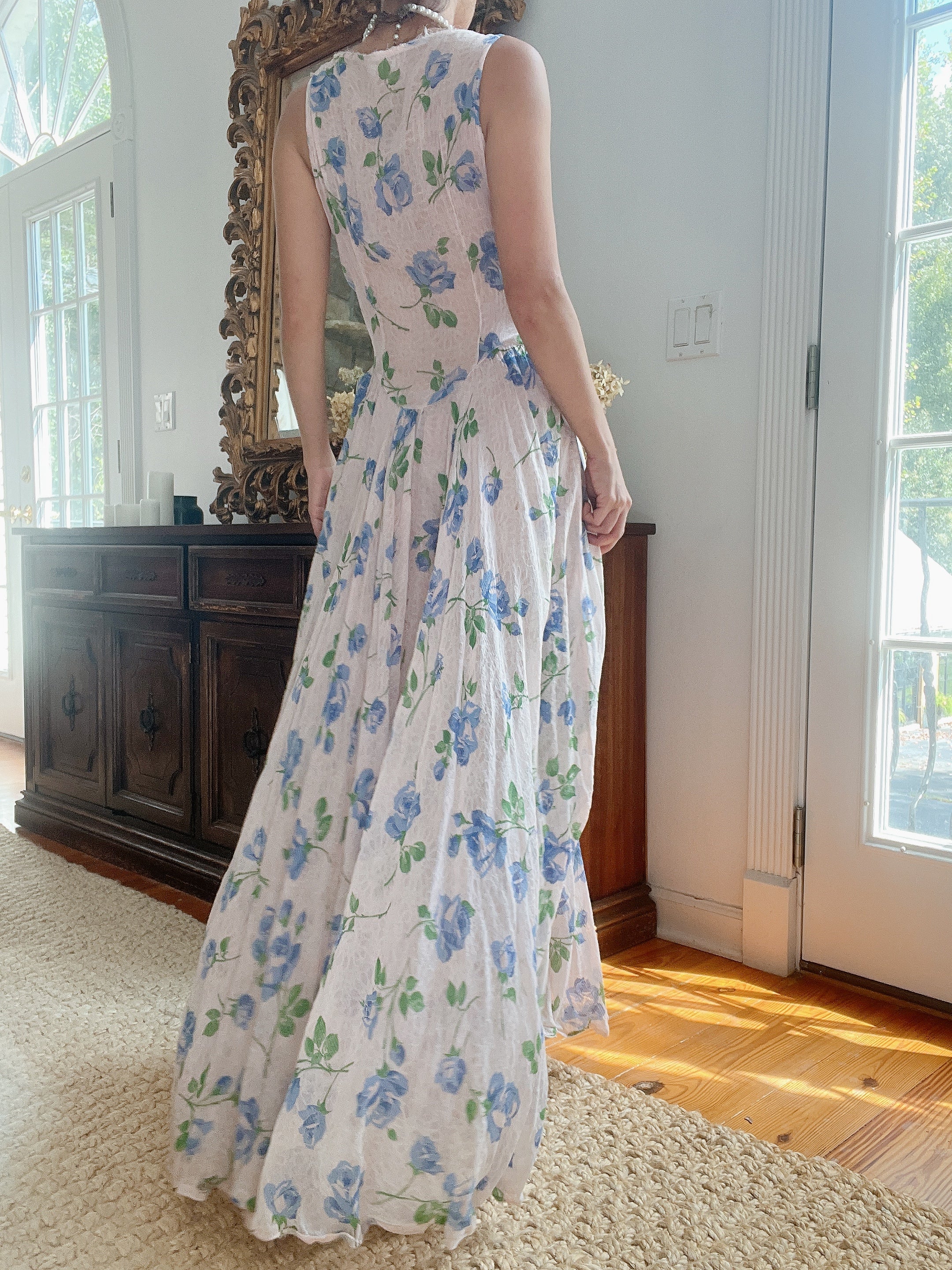 1940s Blue Floral Dress - M