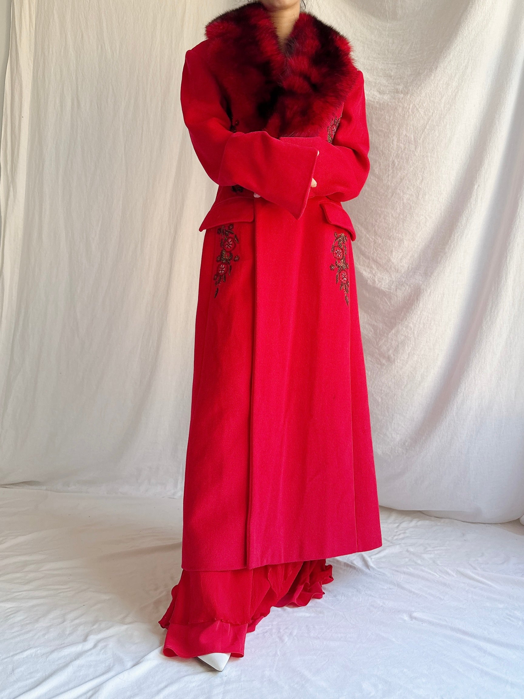 Vintage Red Wool Fox Fur Coat - M