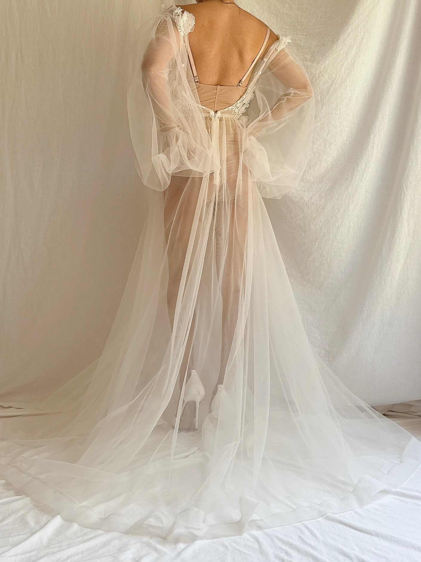 GOSSAMER Sheer Puff Sleeves Gown - S