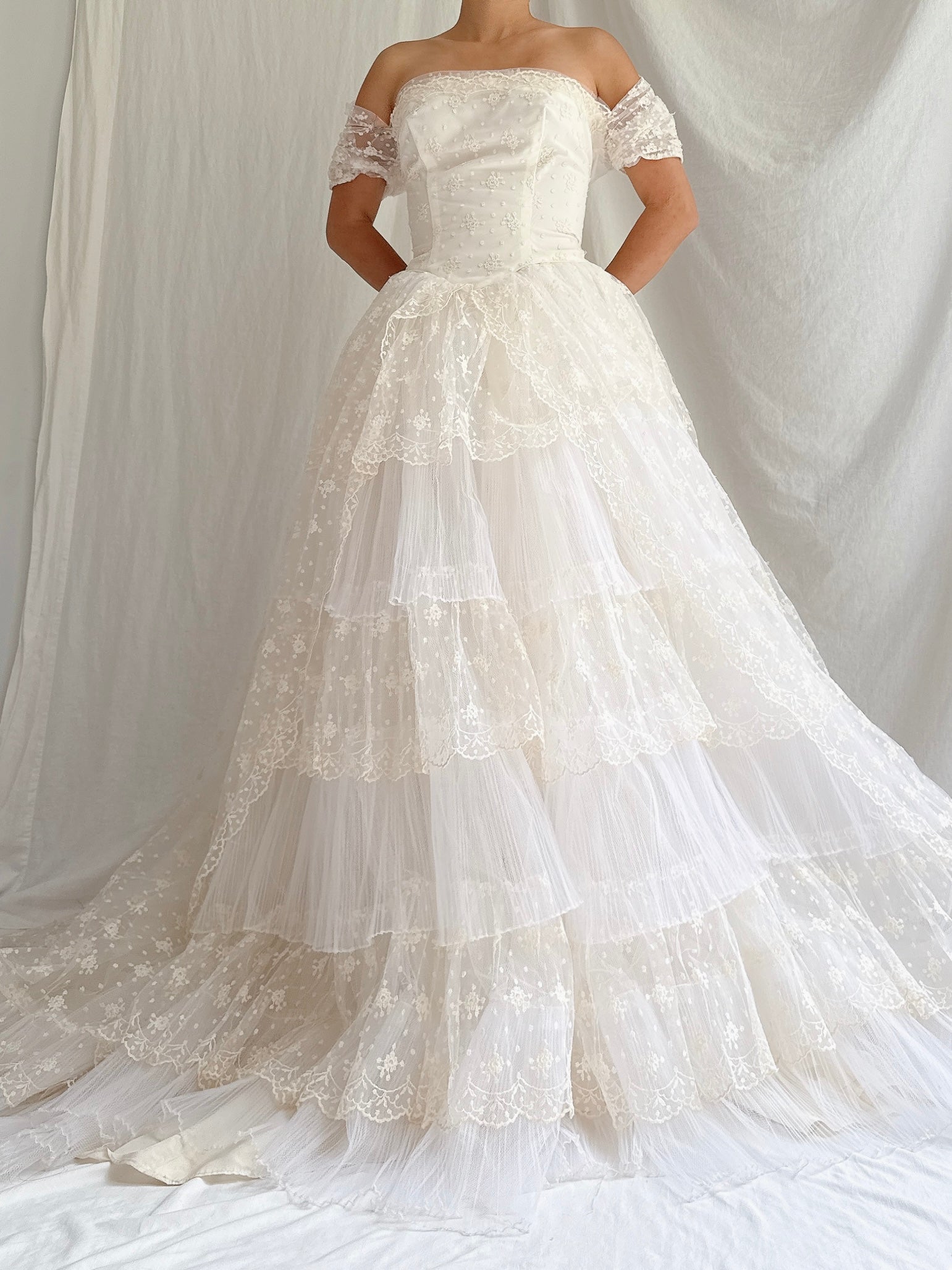 1950s Tulle Embroidered Layered Gown - XS