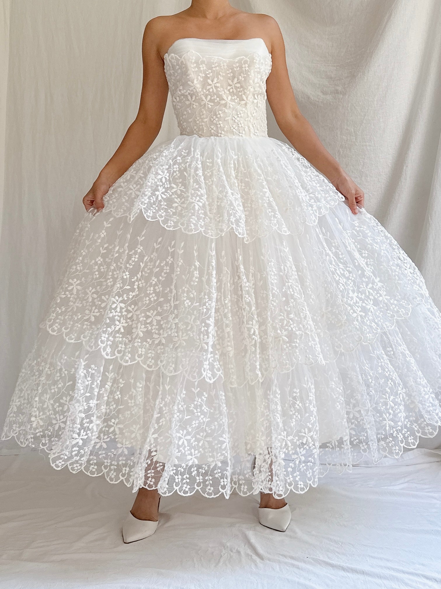 1950s Tulle Embroidered Dress - XS