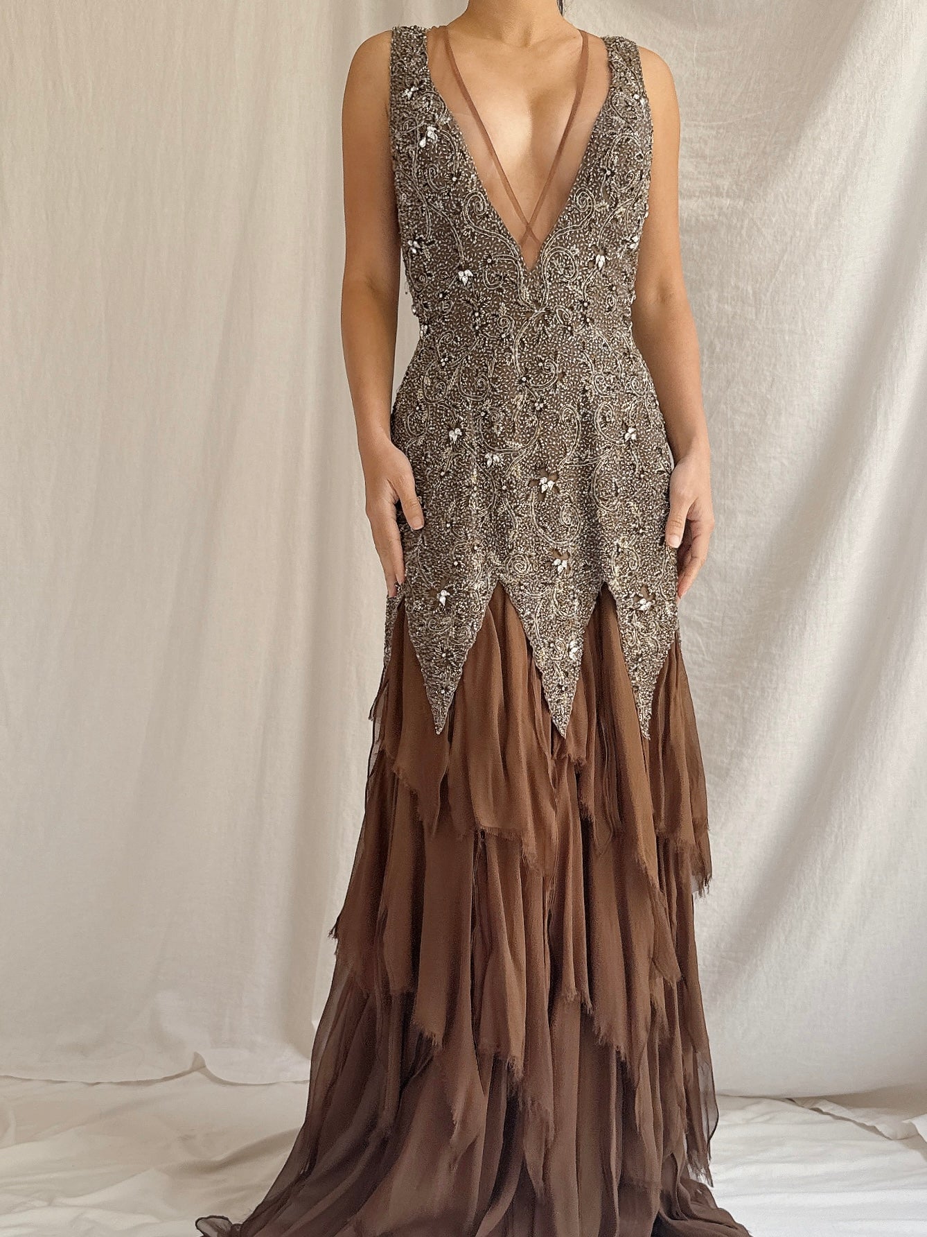 Vintage Stephen Yearrick Silk Raw Hem Beaded Gown - M/6