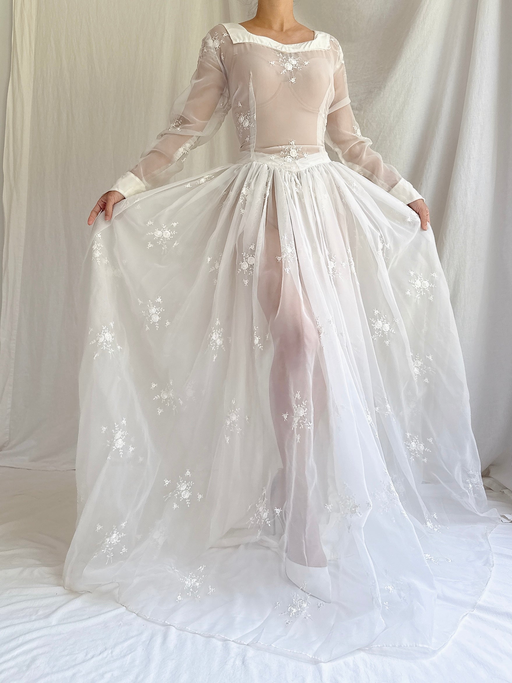 1940s Sheer Nylon Embroidered Dress - S/M