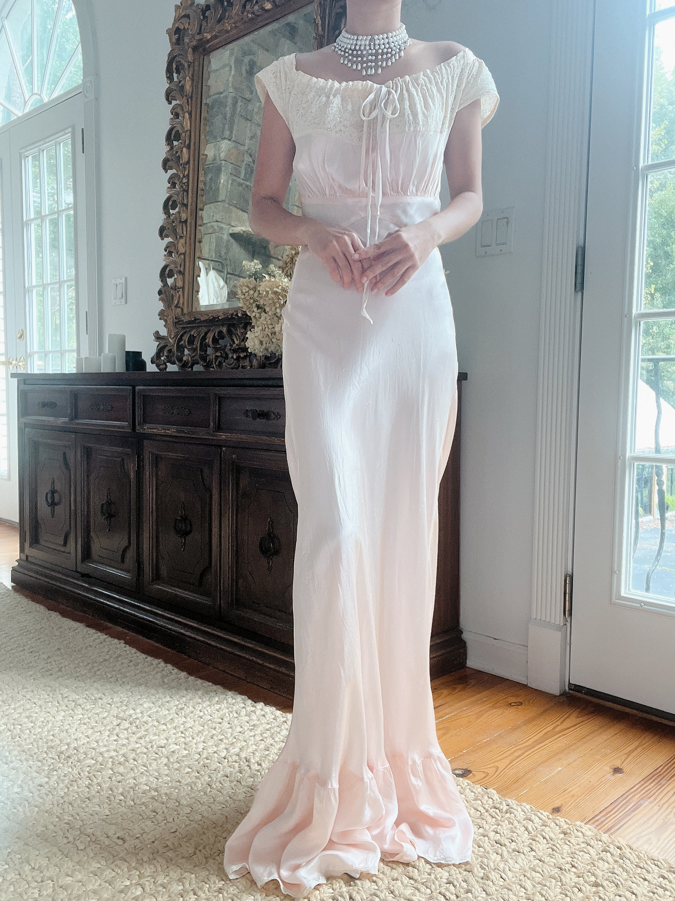 pink 1930s dress 1930s Pink Lace Ruffle Maxi Dress Sweet Disorder Vintage