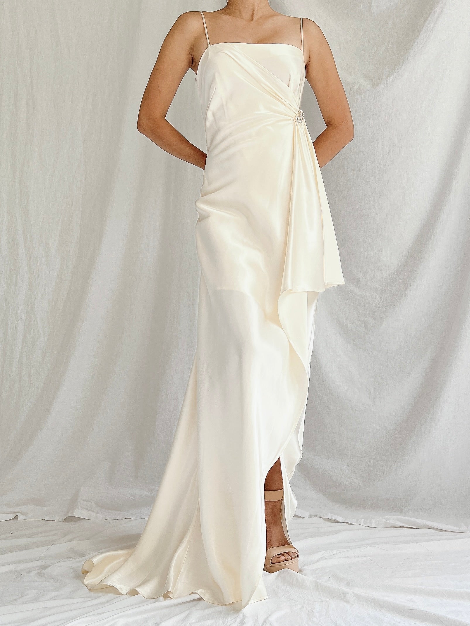 1990s Ivory Satin Draped Gown - XS