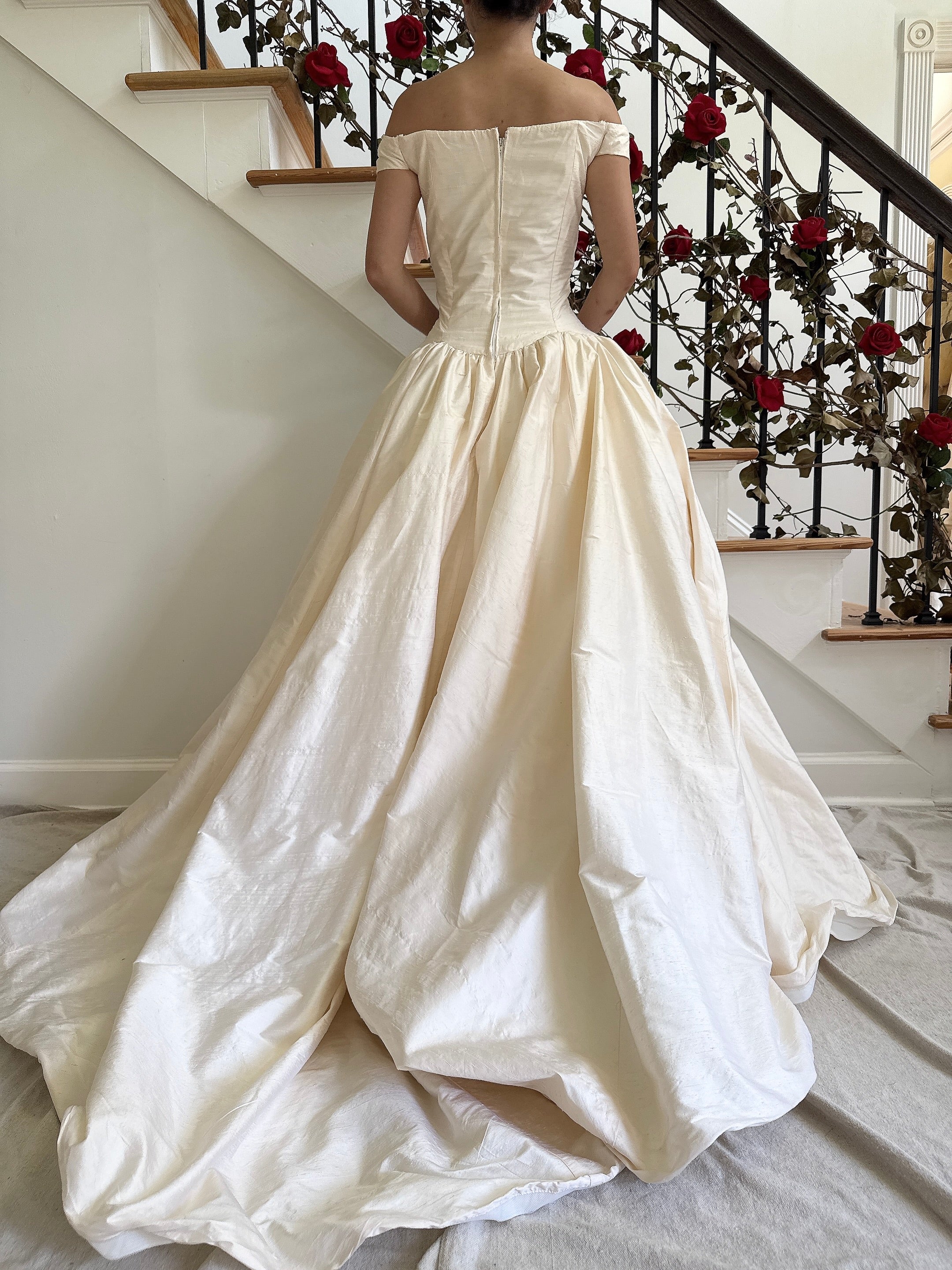 Vintage Raw Silk Portrait Collar Gown - M