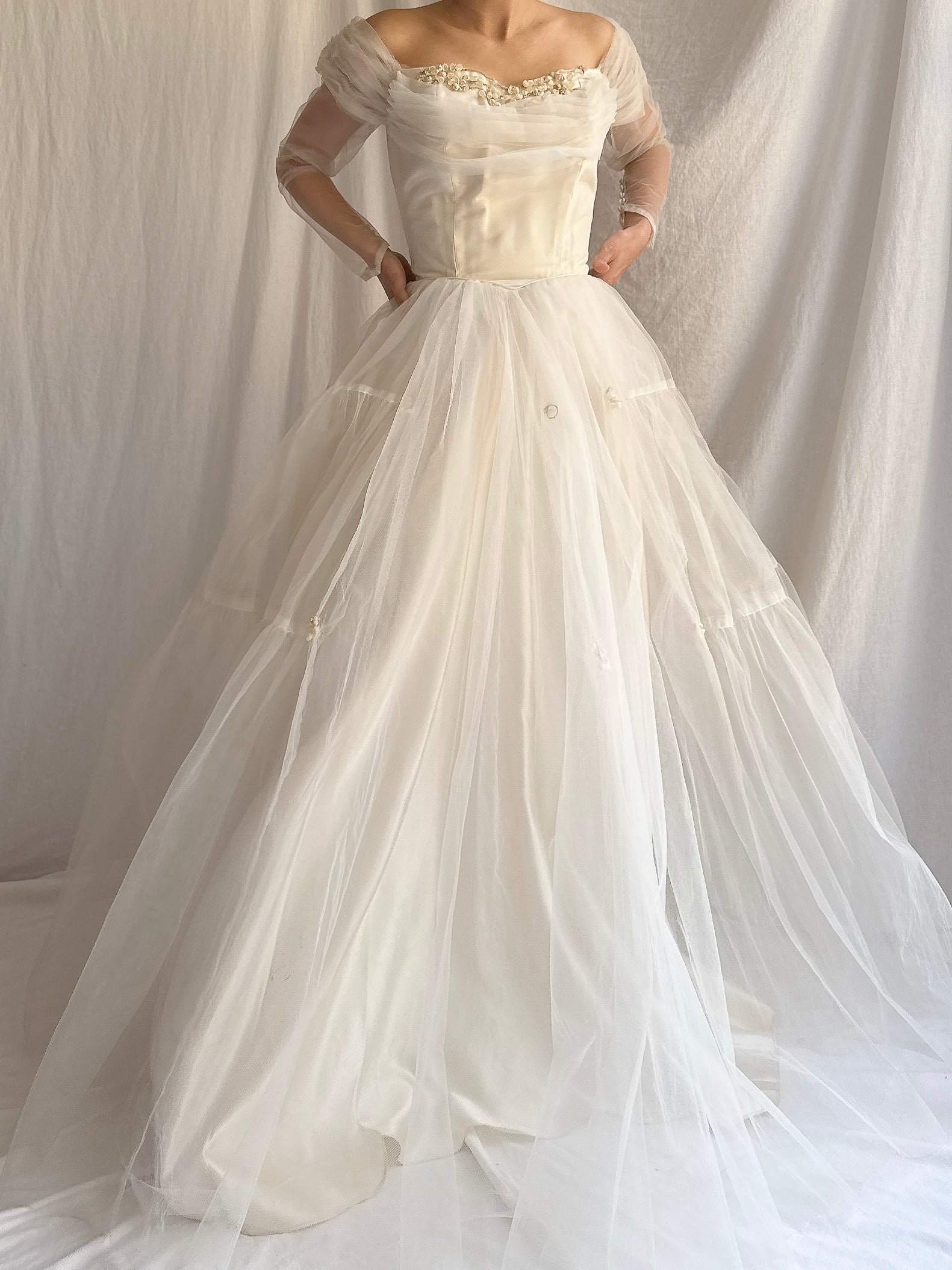 1950s Tulle Off-the-shoulder Gown - XS