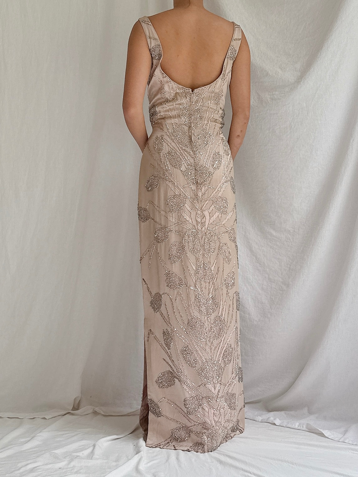 1960s Dusty Pink Silk Beaded Gown - M