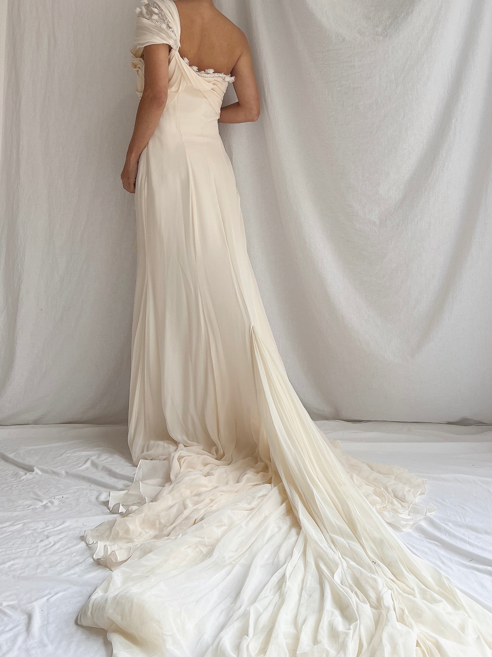 Vintage Silk One-Shoulder Gown - M