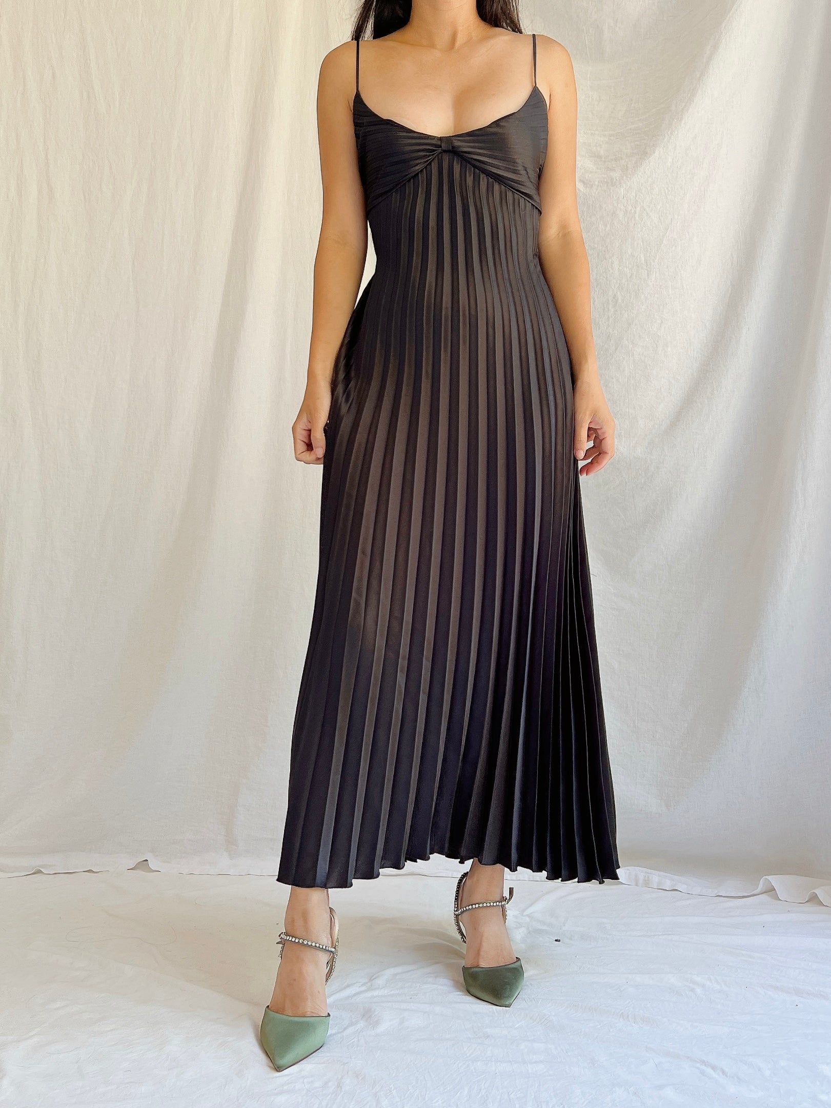 Vintage Black Pleated Slip Dress - M