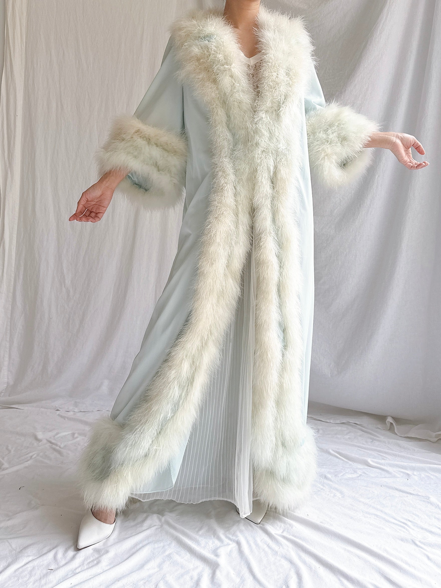 Rare 1960s Heft Baby Blue Marabou & Nylon Duster - OSFM