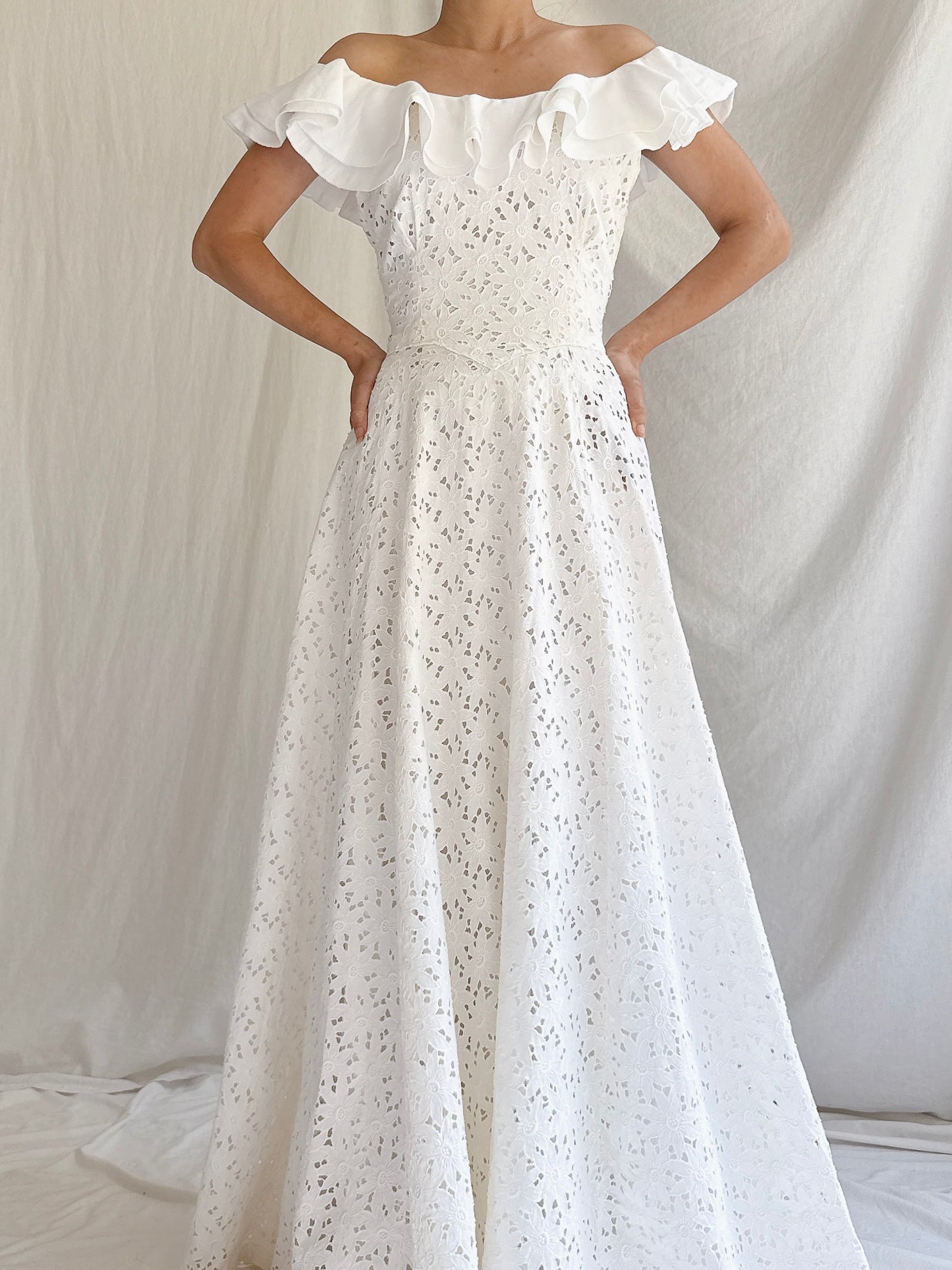 1930s Cutout Ruffle Cotton Dress - XS