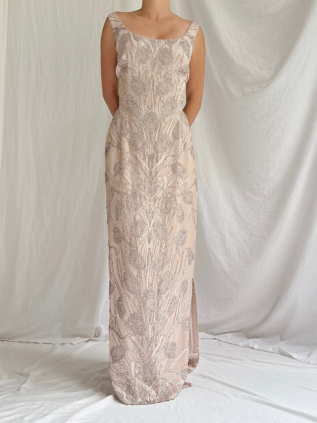 1960s Dusty Pink Silk Beaded Gown - M