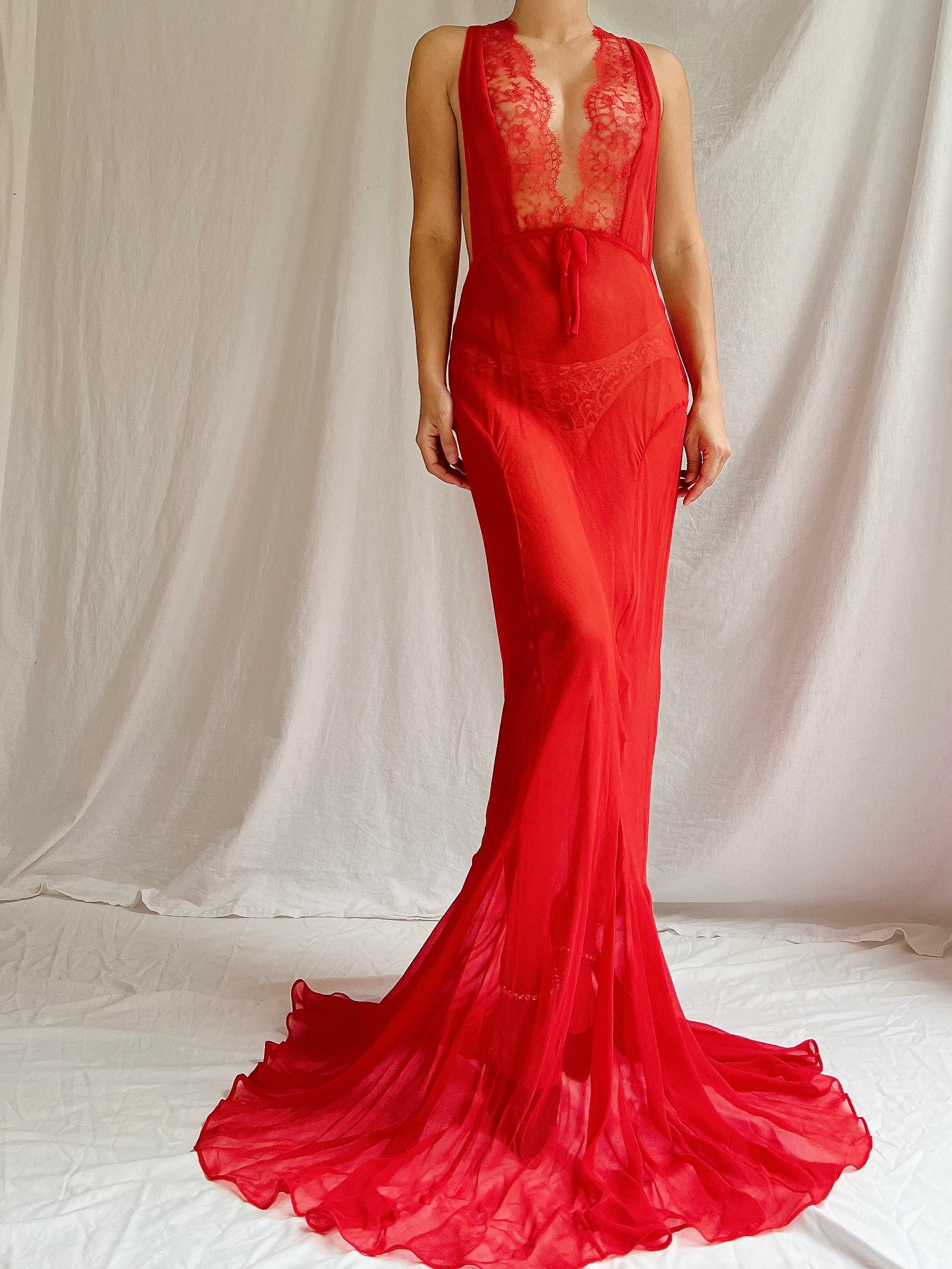 00s Red Silk Sheer Slip Gown - M/L