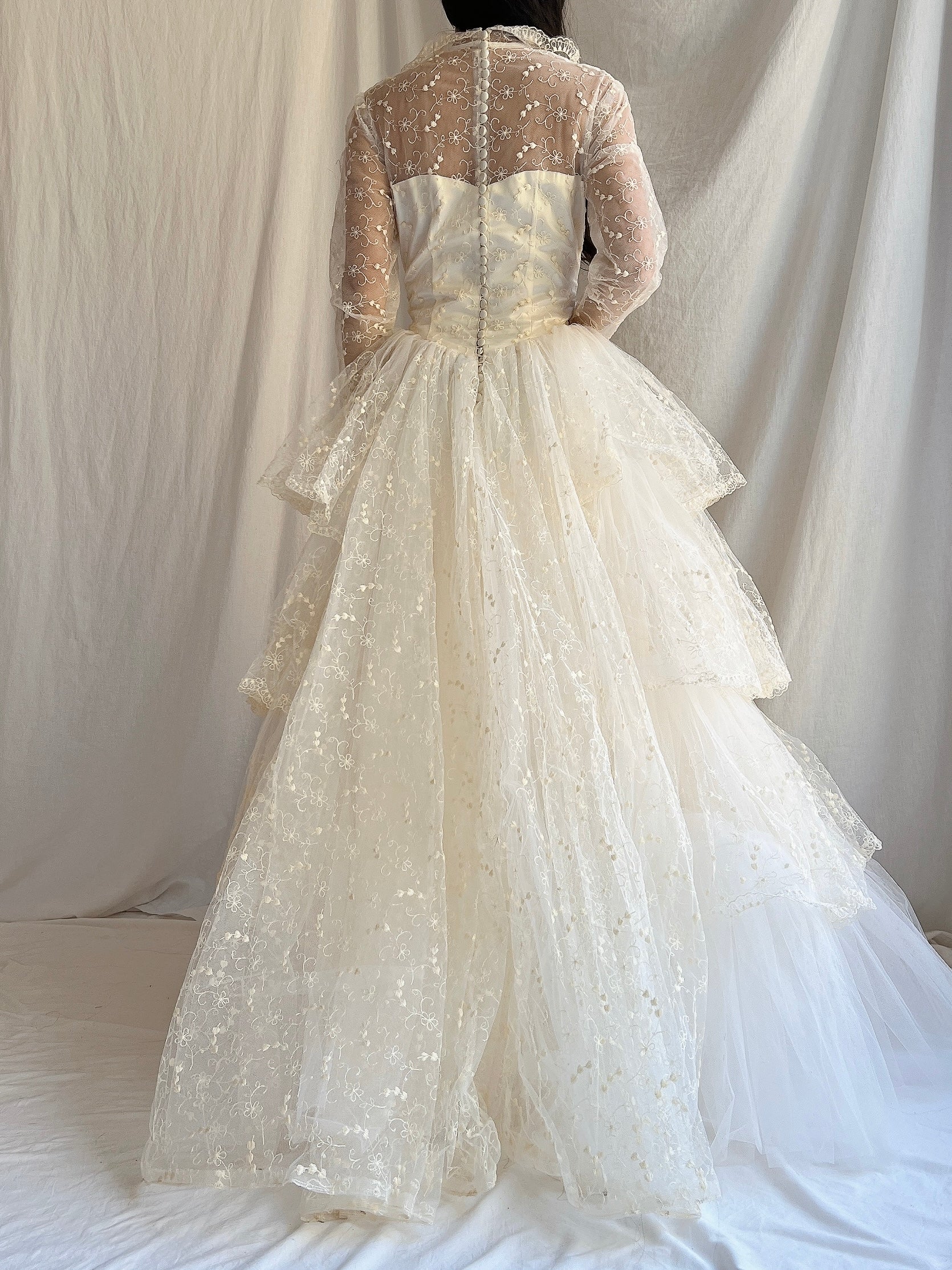 1950s Embroidered Tiered Tulle Gown - XS/S