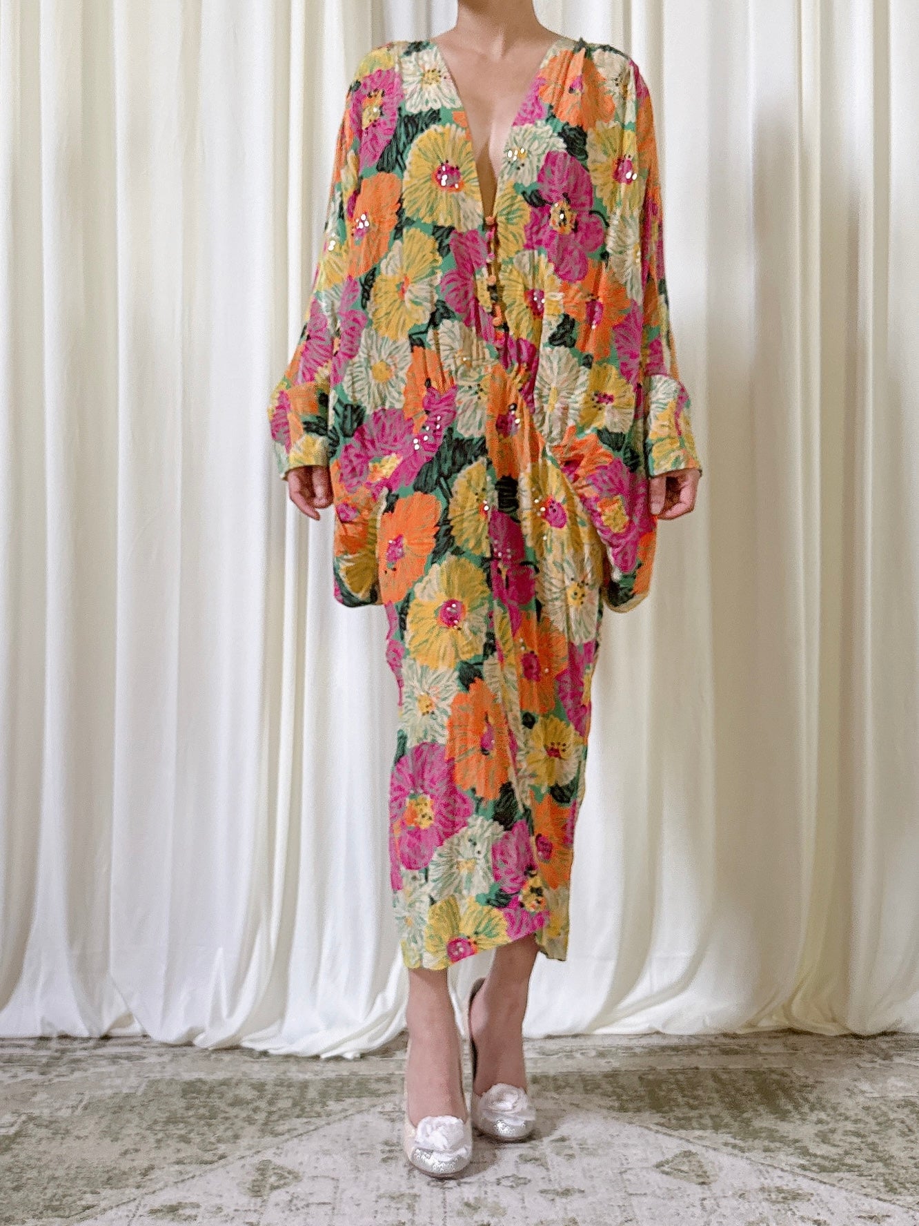 1980s Silk Floral Dress - M