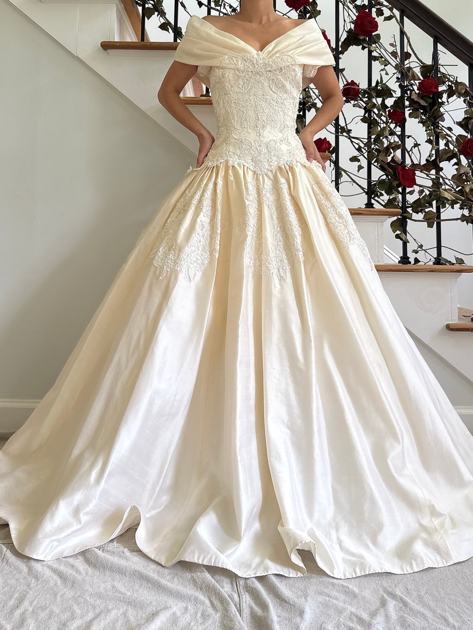 Vintage Saks 5th Ave Silk Off-the-Shoulder Gown - M