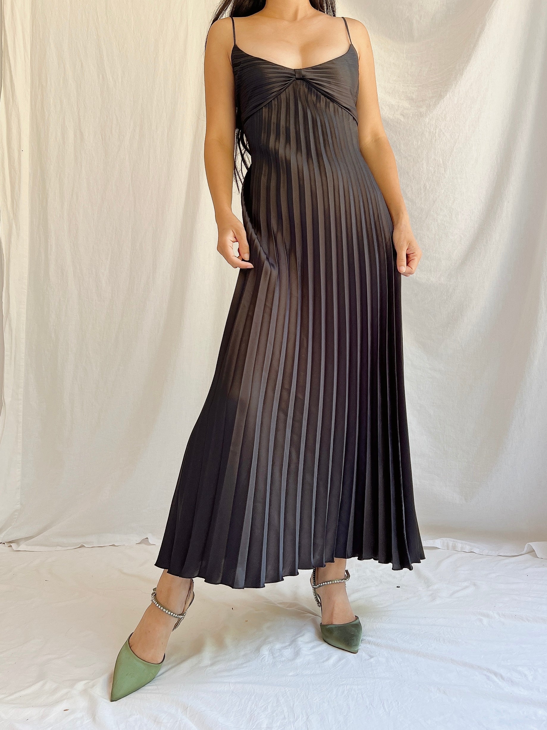 Vintage Black Pleated Slip Dress - M