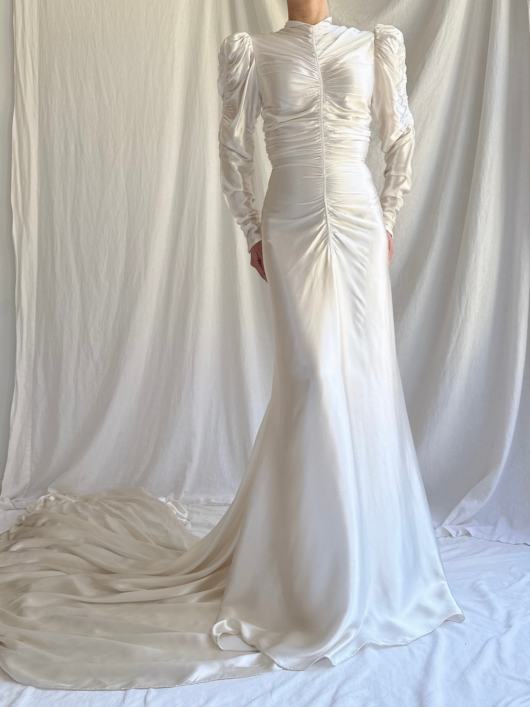 1930s Ruche Long Sleeve Satin Gown - S