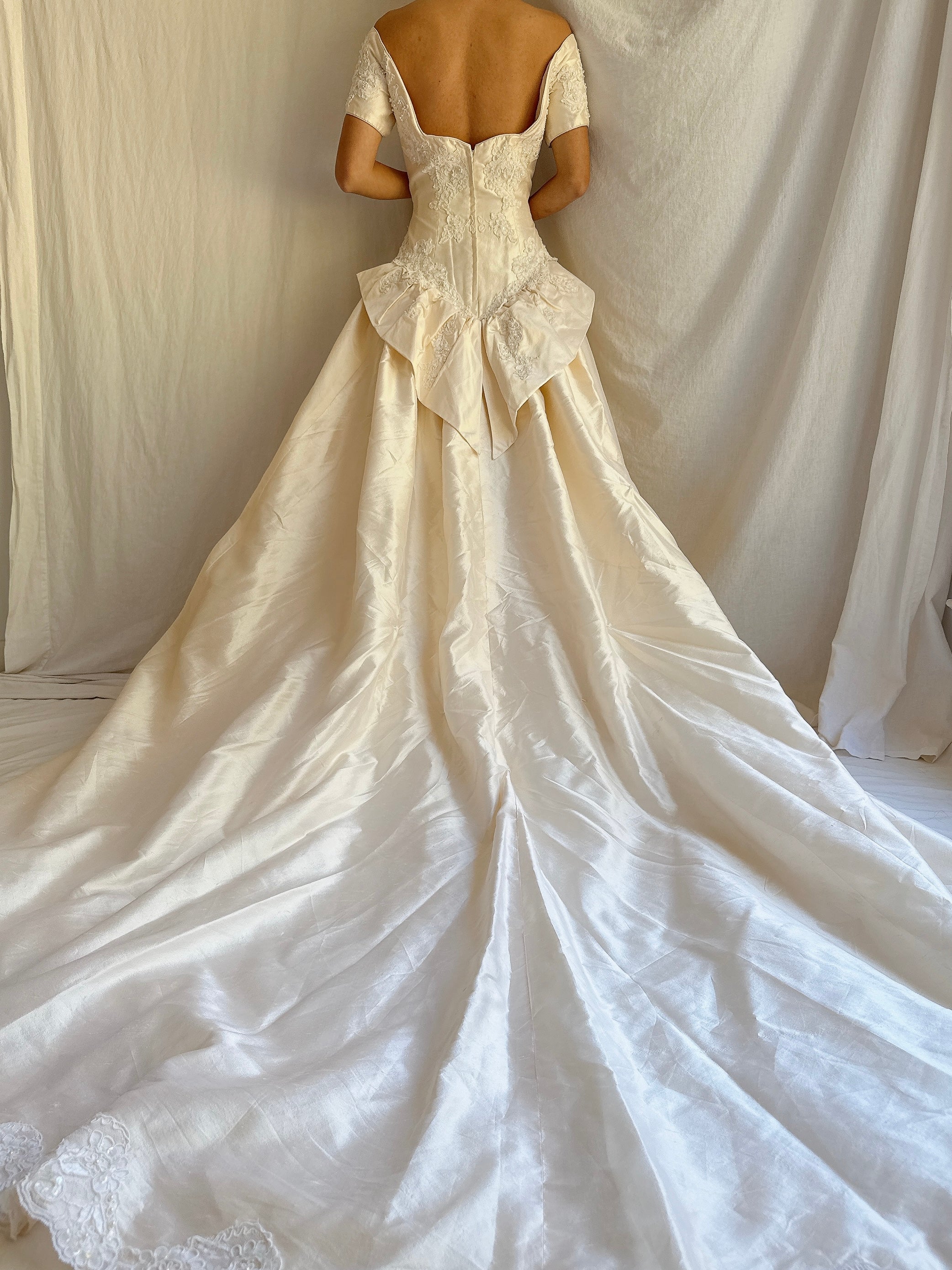 Vintage Wide Neck Lace Embellished Gown - S