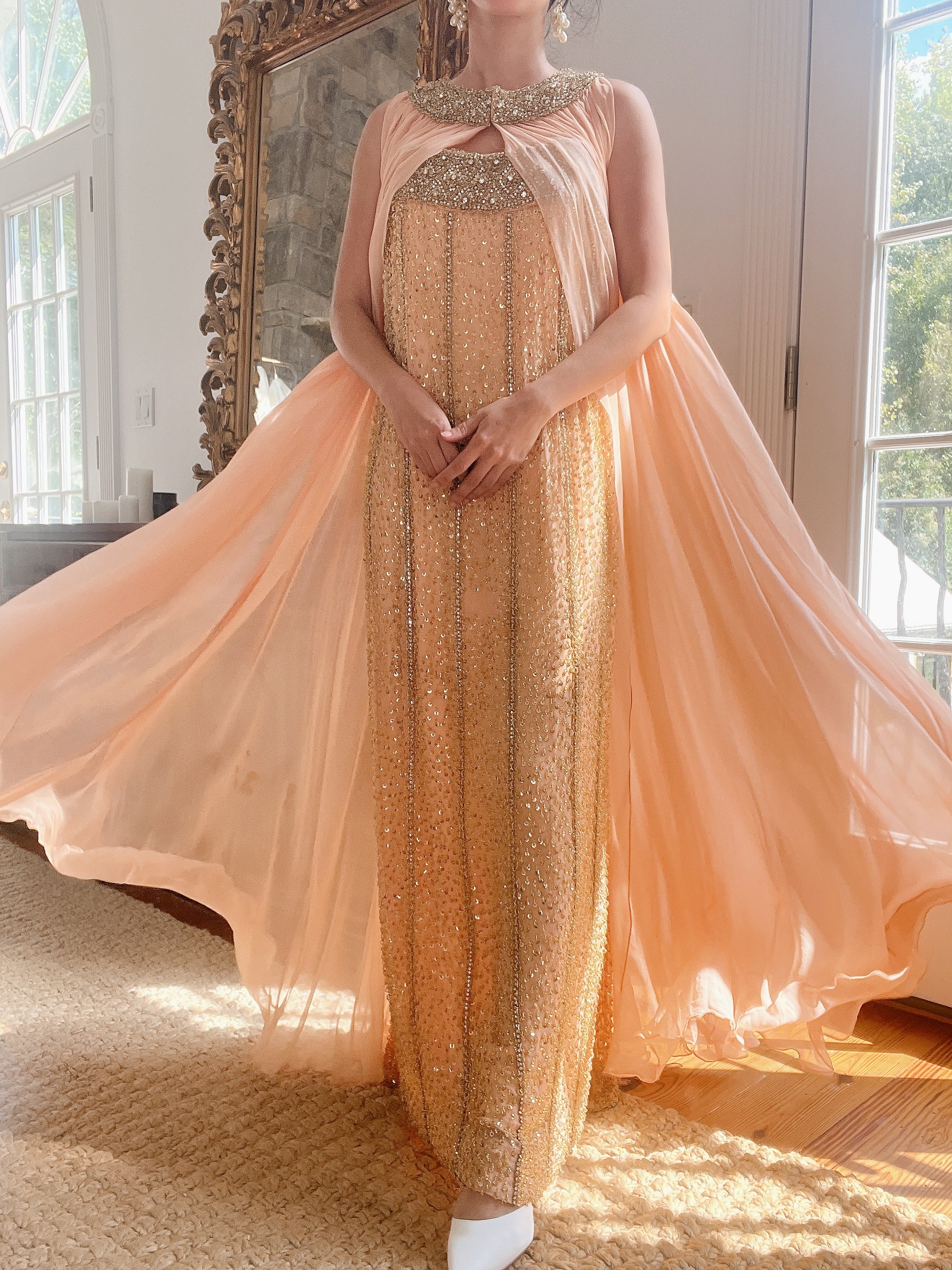 1960s Peach Beaded Gown & Cape - M/L