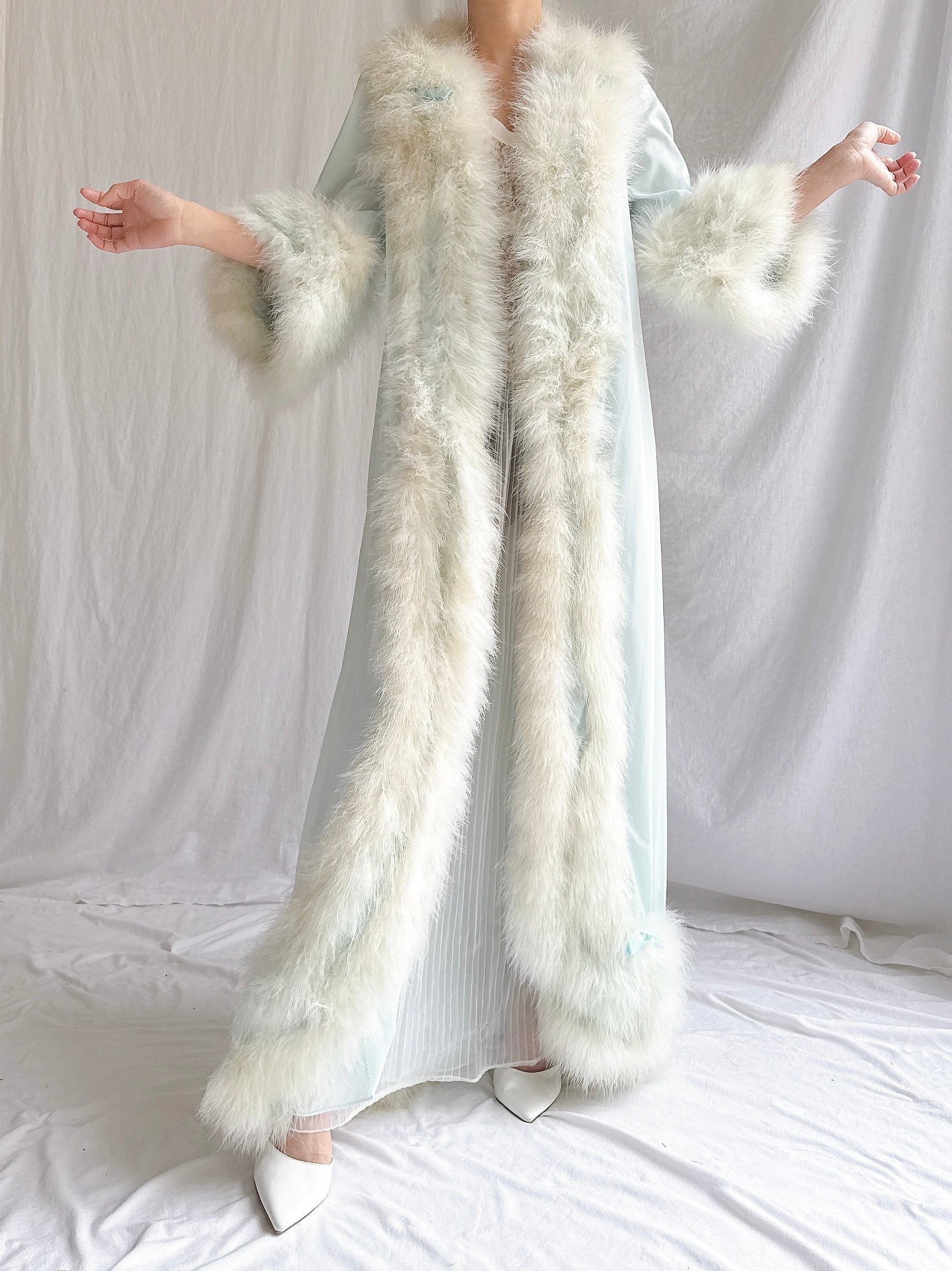 Rare 1960s Heft Baby Blue Marabou & Nylon Duster - OSFM