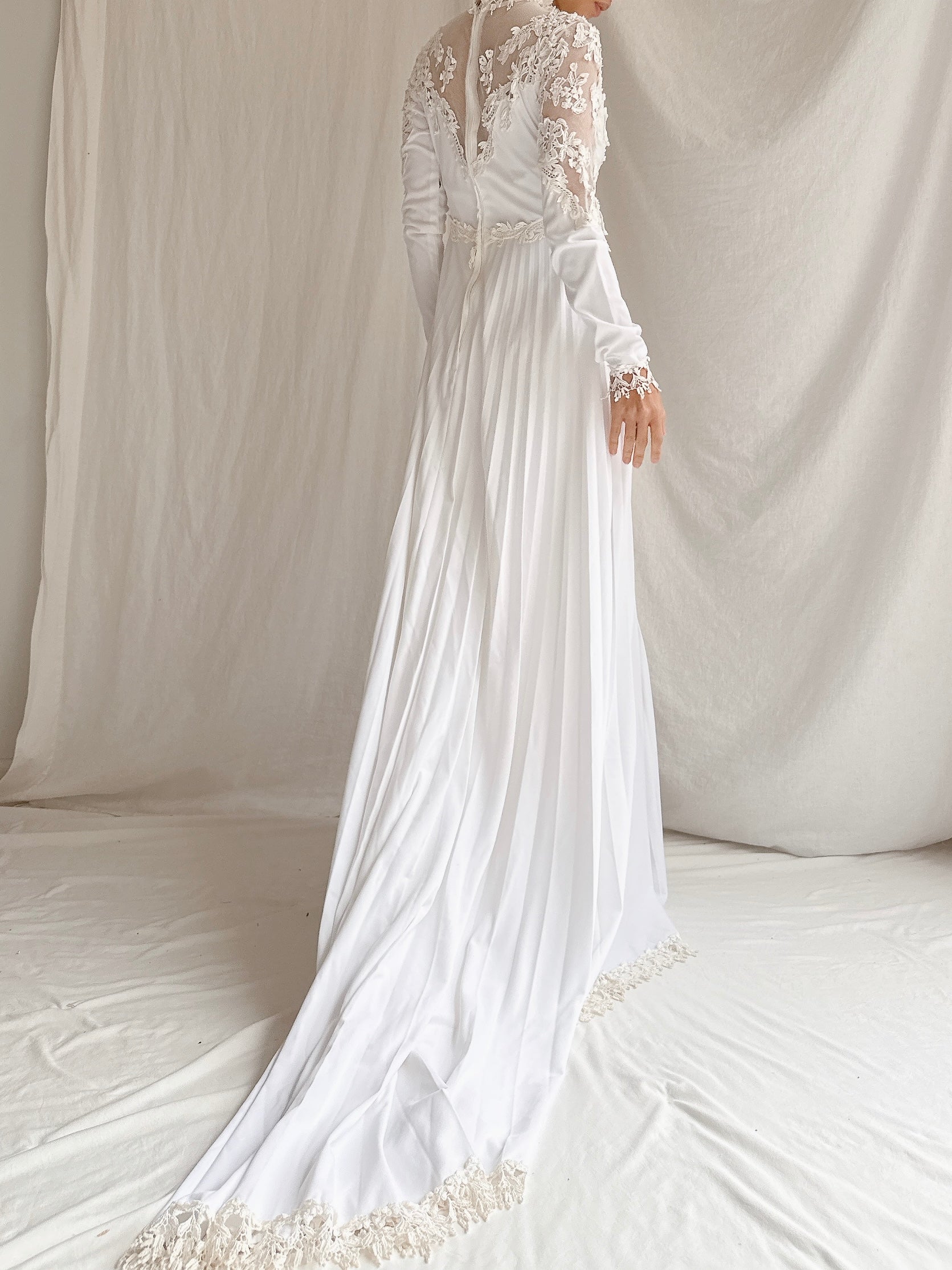 1970s Jersey Pleated Embroidered Gown - S