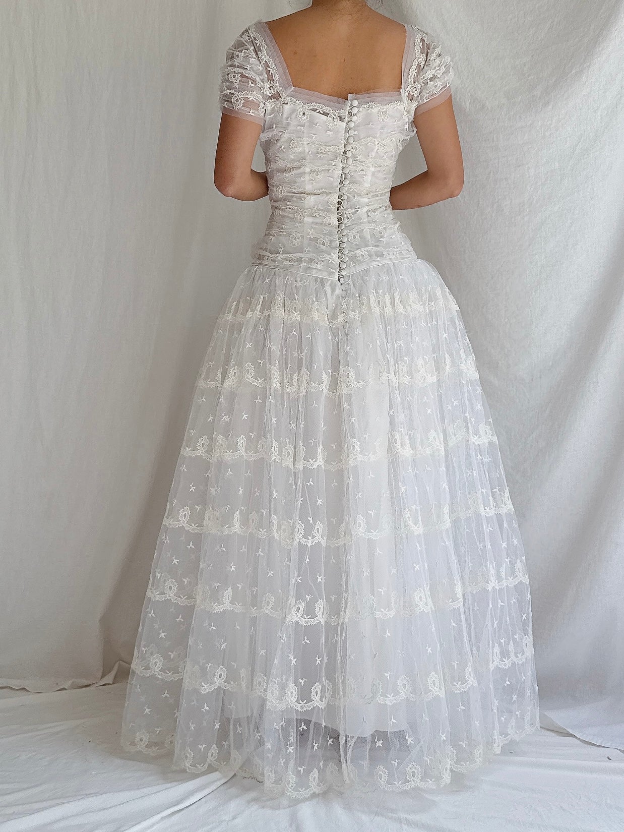 1950s Tulle Dropped Waist Embroidered Dress - S