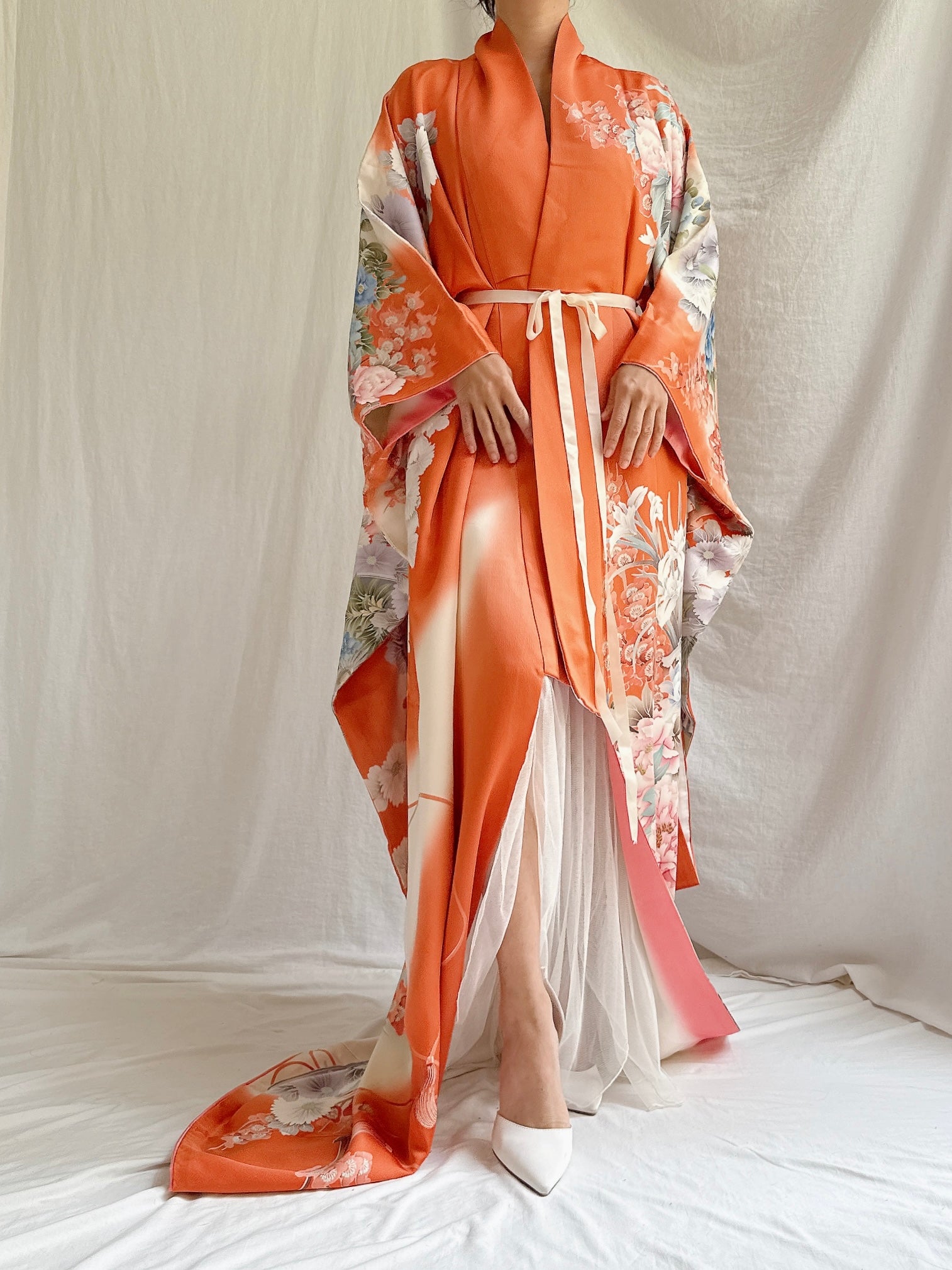 Vintage Orange Silk Kimono - OSFM